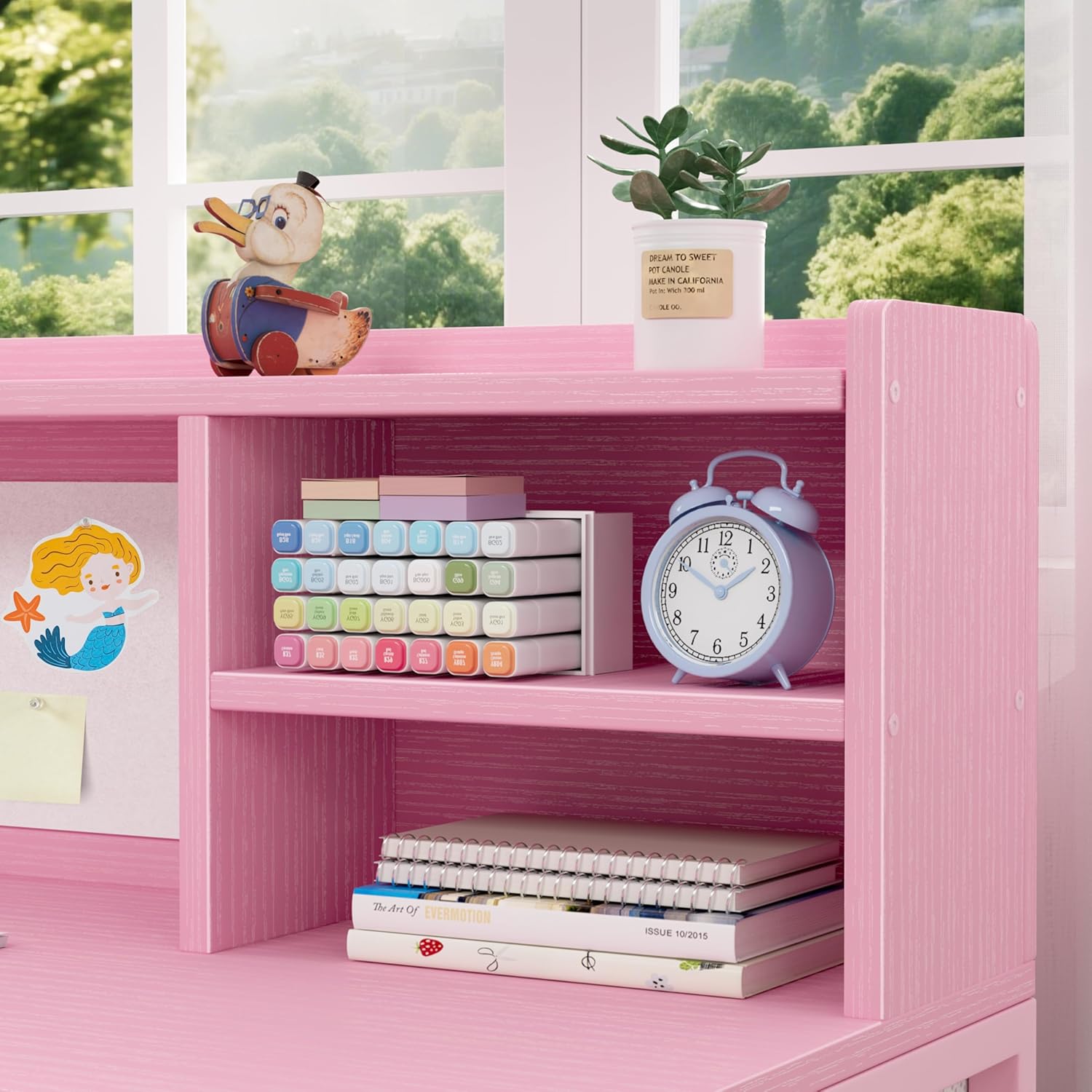 BOLUO Pink Kids Desk and Chair Set for 6-12 Year Old, Children Study Desk with Hutch and Storage Shelf, Student Writing Table with Fabric Drawer for Girls Boys