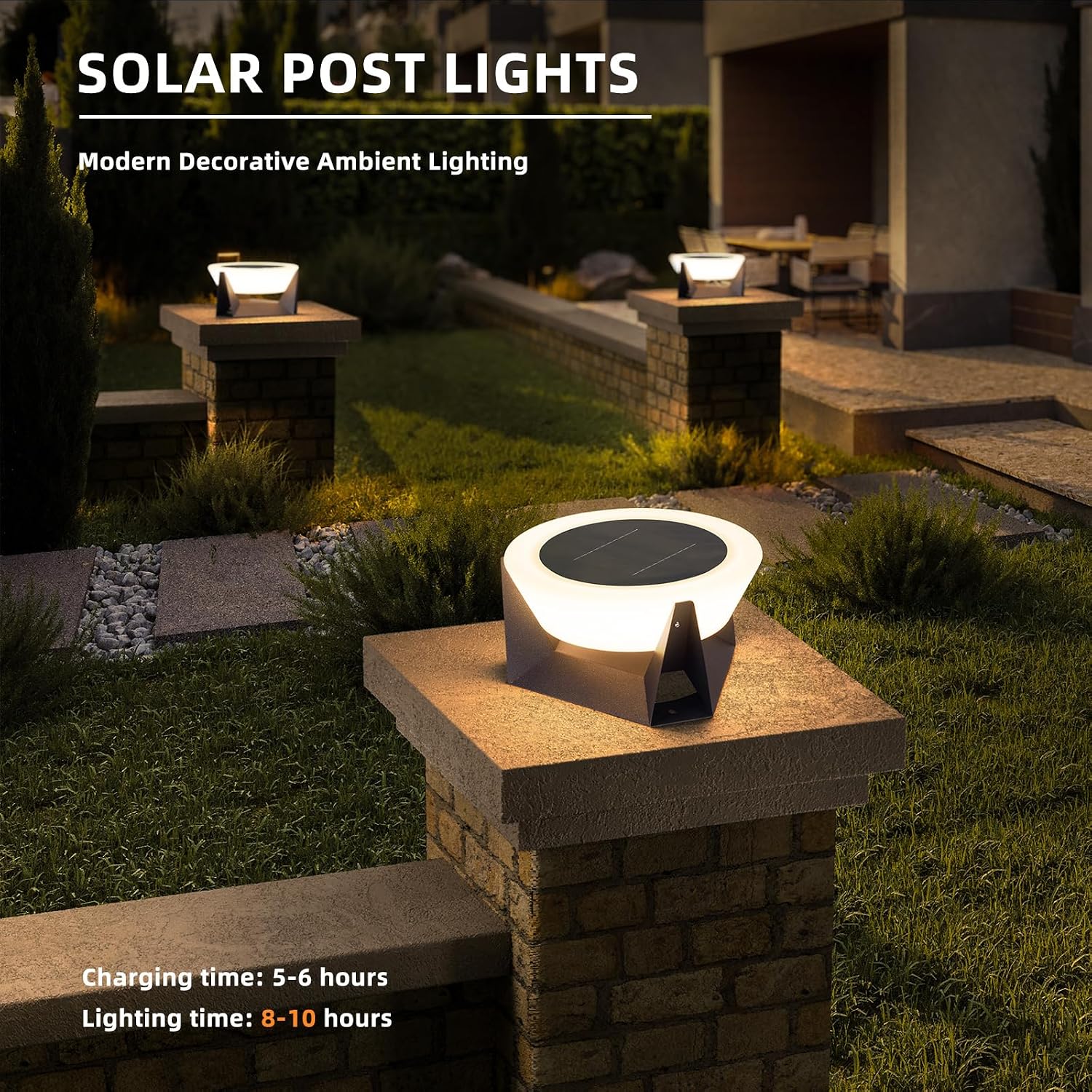 Solar Post Lights, 11' Modern Post Light Dusk to Dawn Outdoor Column Cap Light Waterproof Solar Gate Pillar Lamp 3000K LED Landing Lighting Fixture for Patio Garden Decoration