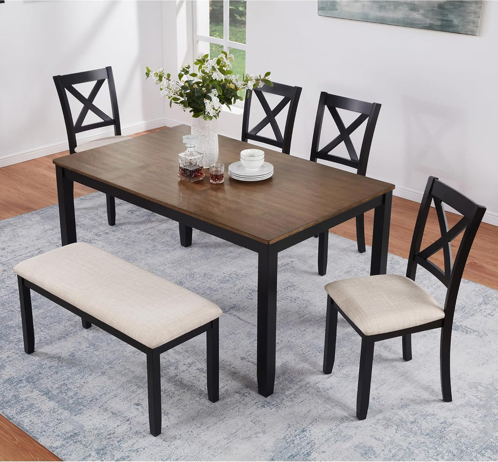 Harper & Bright Designs Dining Table Set for 6 with Bench, 6-Piece Farmhouse Kitchen Set in Black & Oak Two-Tone, Solid Wood Frame Table & 4 Chairs for Dining Room