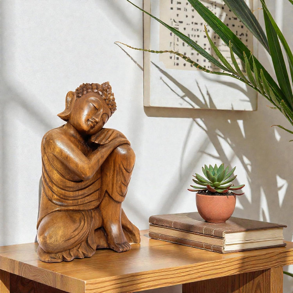 G6 Collection 12' Wooden Serene Sleeping Buddha Statue Hand Carved Sculpture Handmade Figurine Decorative Home Decor Accent Handcrafted Traditional Modern Decoration (Medium)
