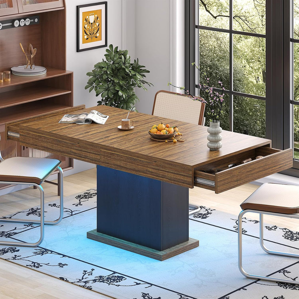 Dining Table with Drawers for 4-6 People, 55 Inches Dinner Table with Led Lights Wooden Pedestal Base, Rectangular Kitchen Table for Kitchen, Living Room, Black& Rustic Brown