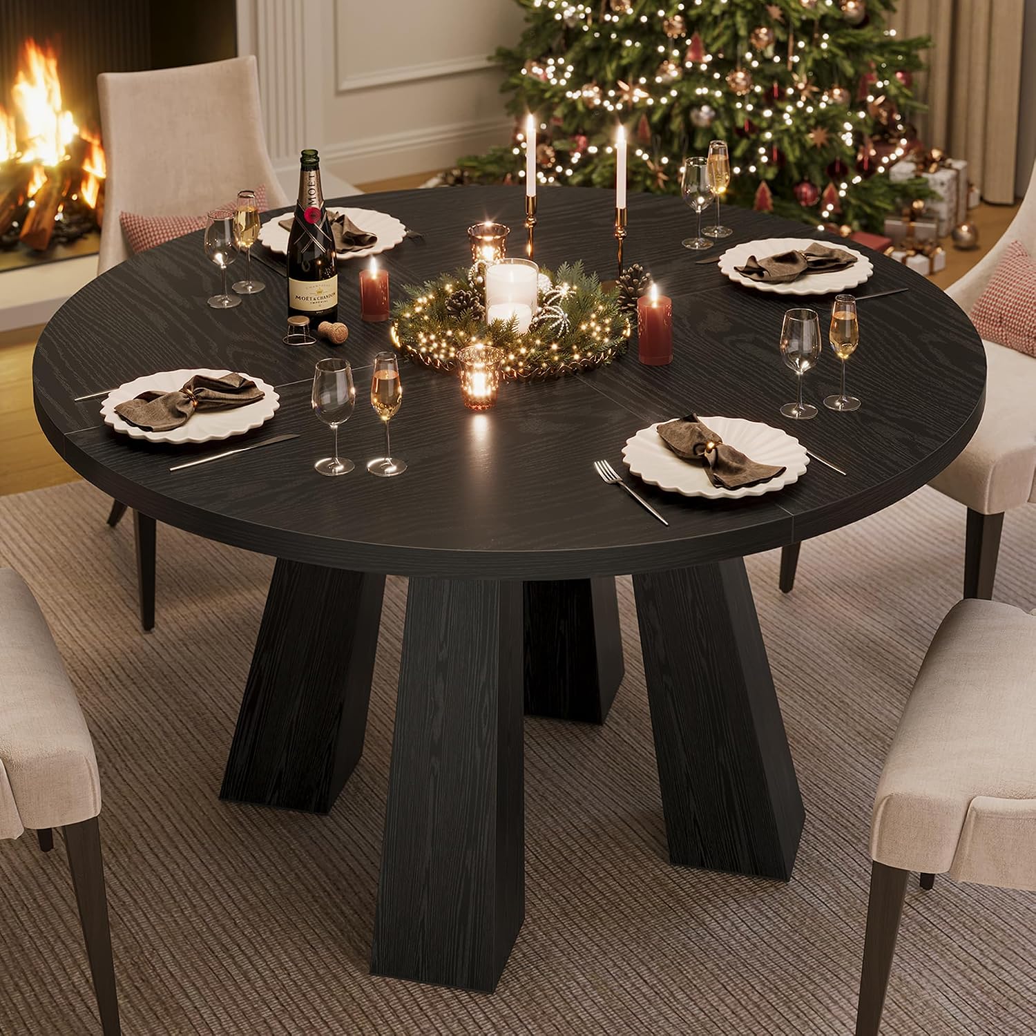 IDEALHOUSE 47' Round Dining Table for 4-6, Wood Kitchen Table with Sturdy Base, Farmhouse Circle Dinner Table for Dining Room, Living Room, 4 Strong Legs, Black