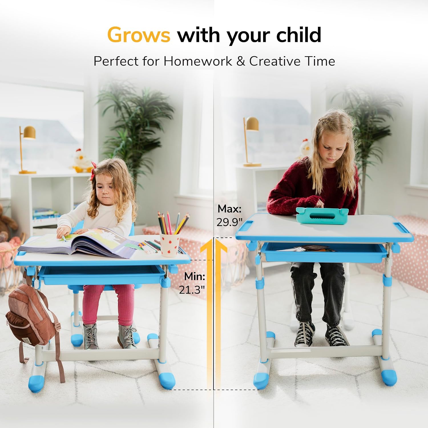 Mount-It! Kids Desk and Chair Set, Height Adjustable Sturdy, Kid Study Workstation and Chair Set for Boys, Home School, Arts, Drawing, Crafts, Ergonomic Childrens Storage Drawer Blue