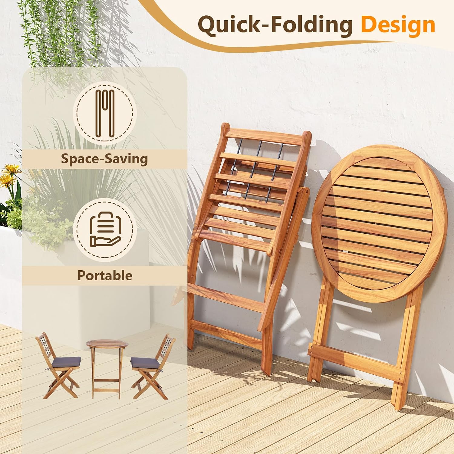 Tangkula 3 Piece Patio Wood Bistro Set, Folding Table Chair Set w/Soft Seat Cushions, Acacia Wood Frame, High-Back Portable Chairs w/Table for Backyard, Poolside (Grey)