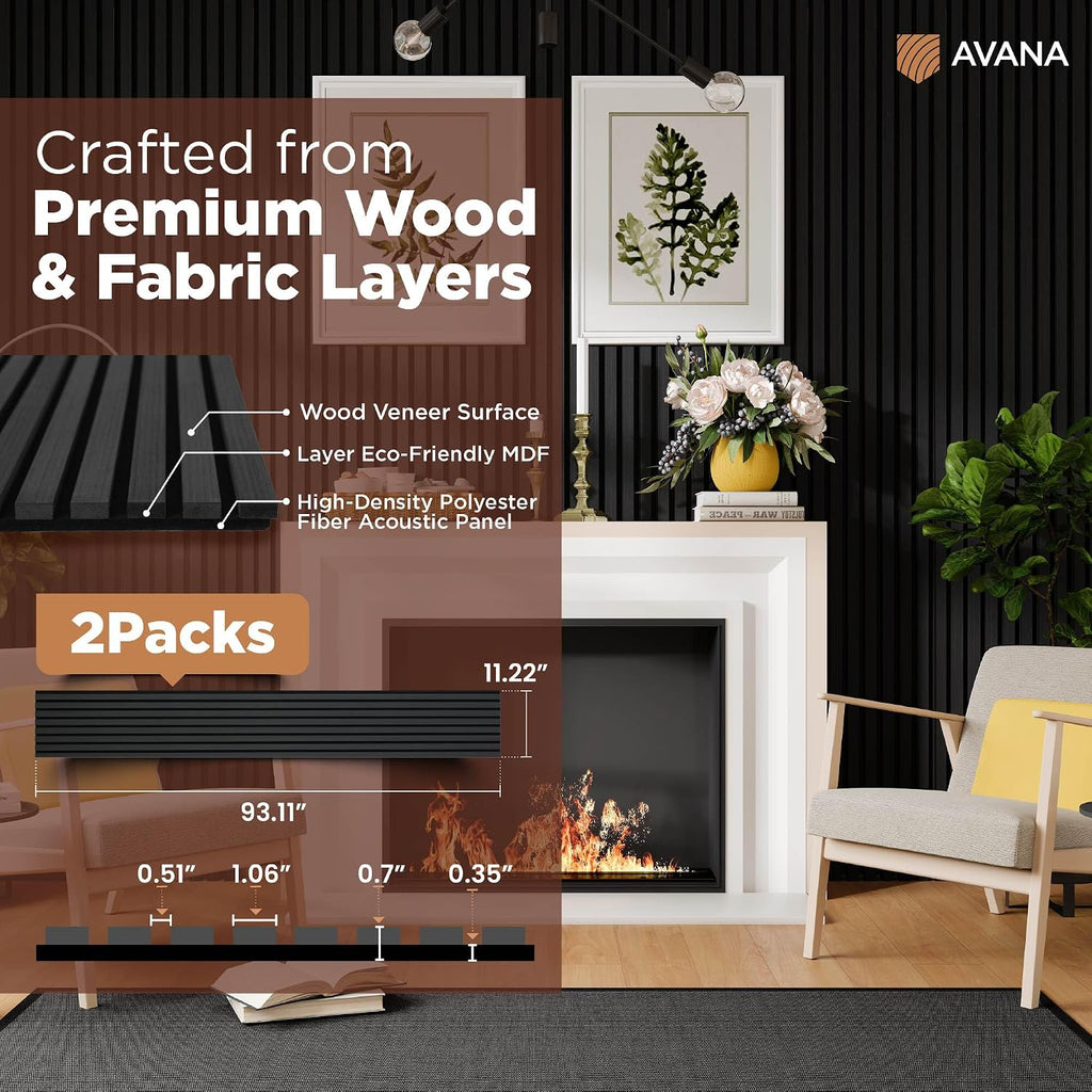 Avana Acoustic Wood Wall Panels –93.2x11.25 Inch Panels – Fits 94x12 Layout – Black Oak Acoustic Panels 2 PCs – Wall Panels For Interior Wall Decor For Homes, Offices – Decorative Wood Panels For Wall