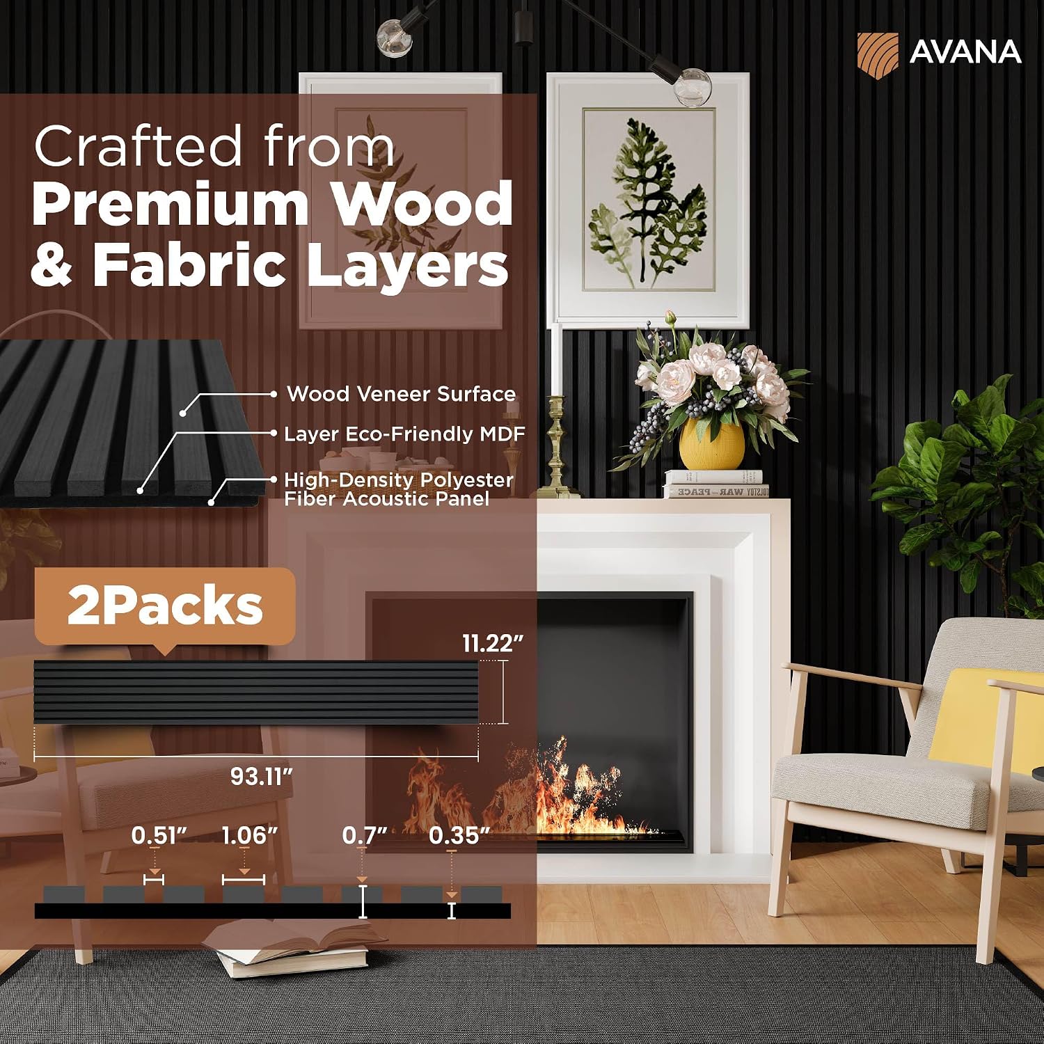 Avana Acoustic Wood Wall Panels –93.2x11.25 Inch Panels – Fits 94x12 Layout – Black Oak Acoustic Panels 2 PCs – Wall Panels For Interior Wall Decor For Homes, Offices – Decorative Wood Panels For Wall