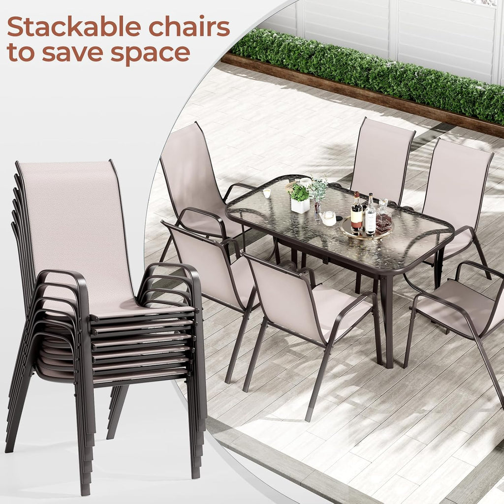 TLSUNNY Patio Dining Set for 6, Outdoor Table and Chairs W/1.69″ Umbrella Hole, 30'X 55' Table and Stackable Textilene Chair, All Weather Patio Furniture Set (Umbrella not Included) (Beige)