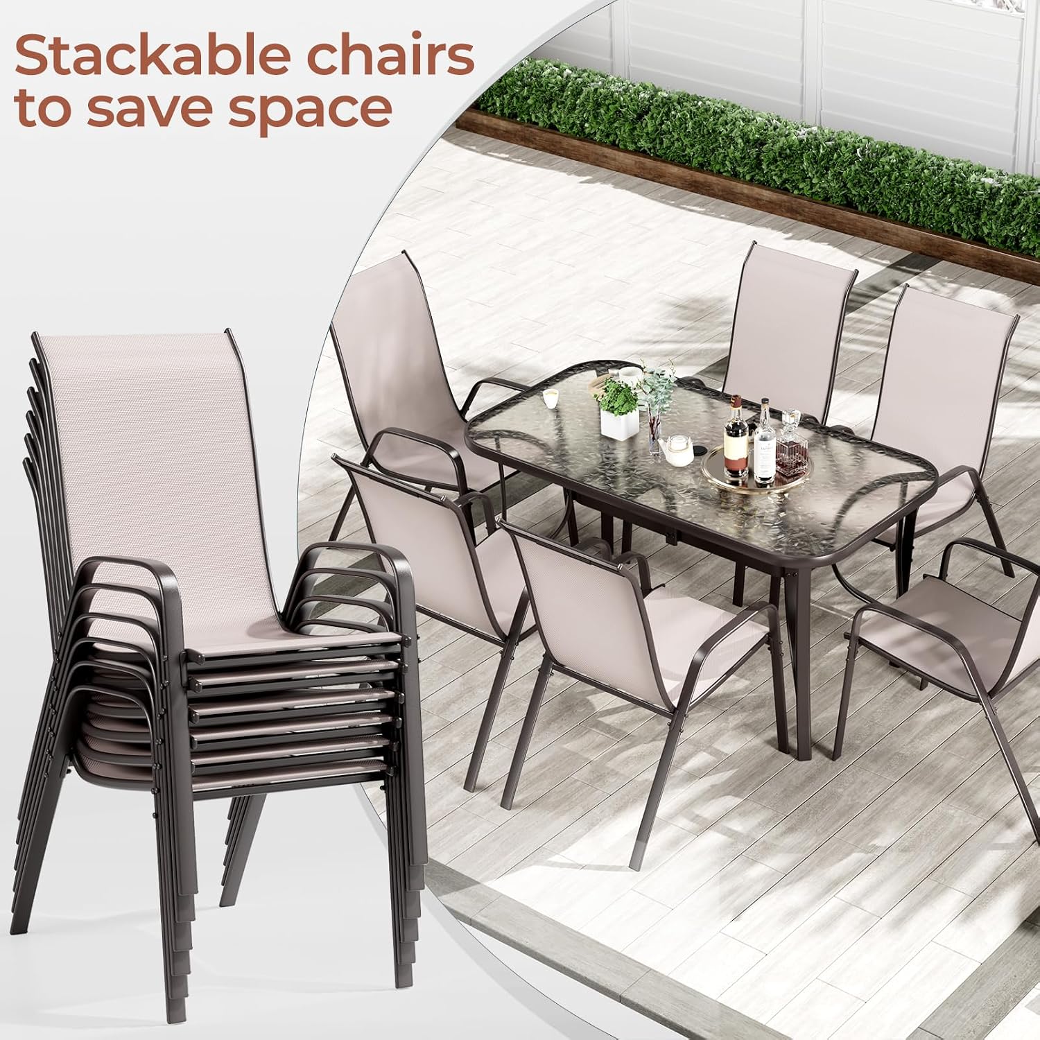 TLSUNNY Patio Dining Set for 6, Outdoor Table and Chairs W/1.69″ Umbrella Hole, 30'X 55' Table and Stackable Textilene Chair, All Weather Patio Furniture Set (Umbrella not Included) (Beige)