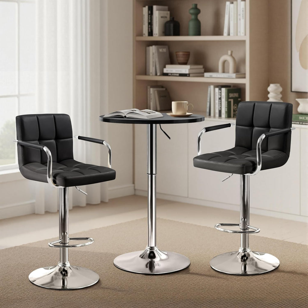 Yaheetech 3-Piece Round Bar Table and PU Leather Adjustable Swivel Chairs, Modern Counter Height Table Set with 2 Bar Stool for Kitchen, Black