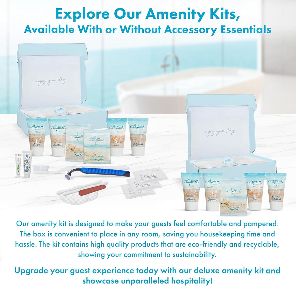 Aqua Organics Amenity Kit | Boxed Hotel Toiletries Bulk Set | 1 oz Shampoo, Conditioner, Lotion, Body Wash & Bar Soap | 300 Sets per Case
