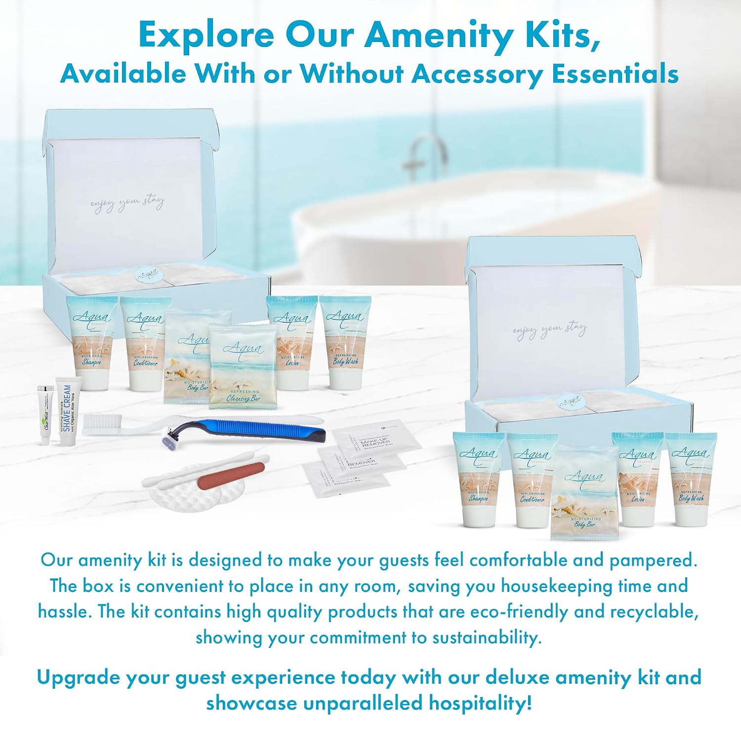 Aqua Organics Amenity Kit | Boxed Hotel Toiletries Bulk Set | 1 oz Shampoo, Conditioner, Lotion, Body Wash & Bar Soap | 300 Sets per Case