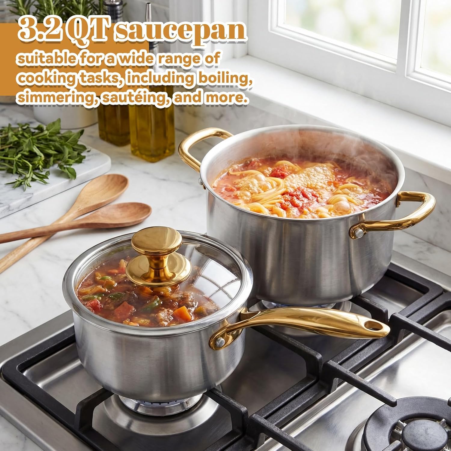 LemonRoad 2 Pieces Titanium Cookware Set, 7.68'' and 9.45'' Pots and Pans with Lids Triply Titanium No Coat Technology Safe for Oven, Induction and Cook Tops, Dishwasher Safe (Saucepans)