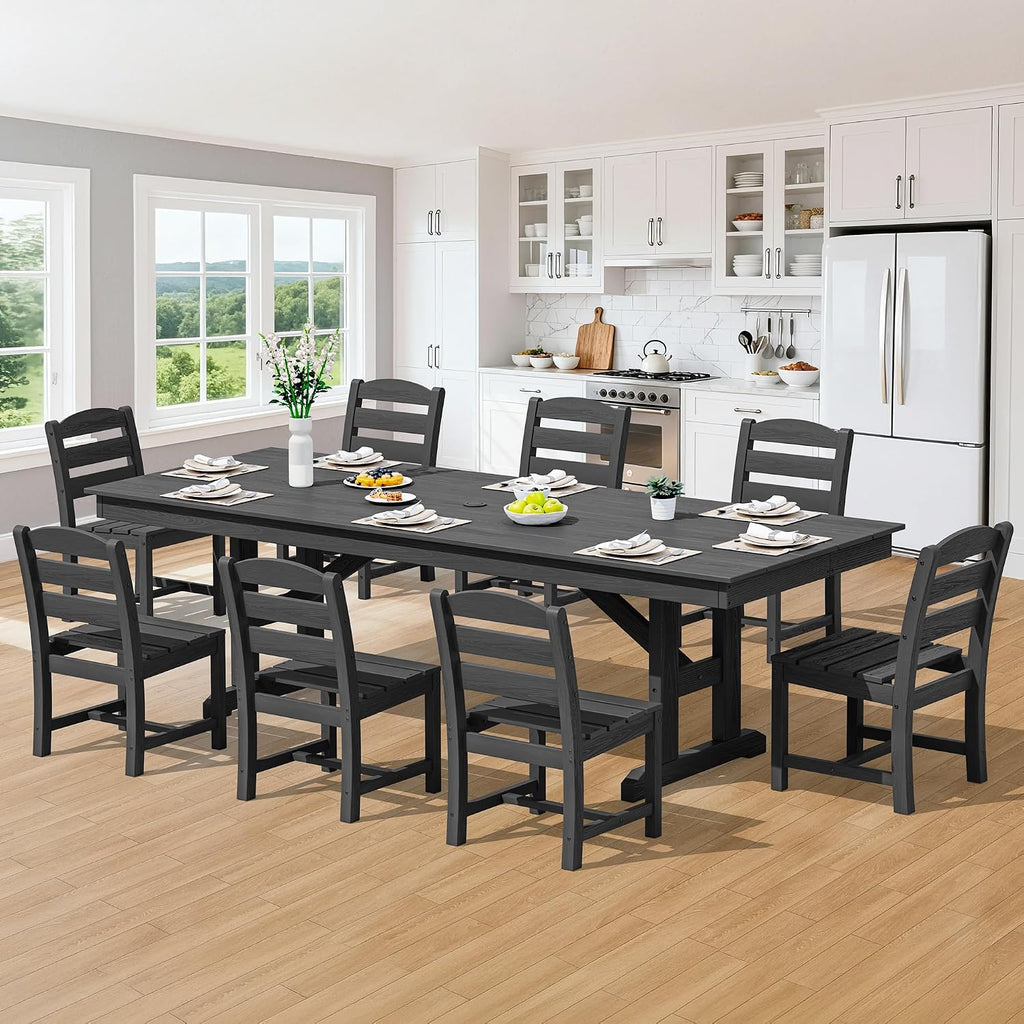 SERWALL 9 Piece Outdoor Dining Set, 84' HDPE Outdoor Table and Armless Chairs Set for 8，All Weather Patio Furniture Set with Umbrella Hole for Backyard, Garden, Black