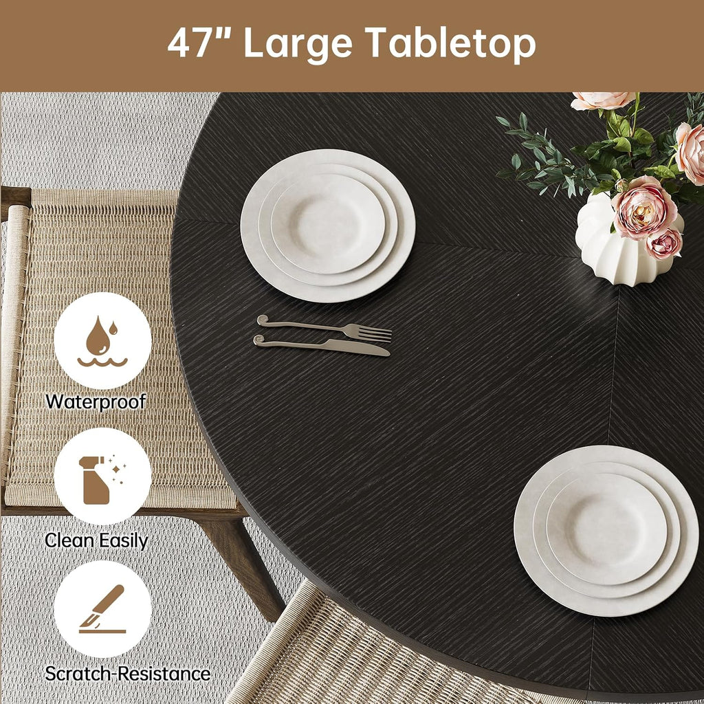 47 inch Round Dining Table for 4, Farmhouse Kitchen Table with 2-Layer Storage Shelf and Wood Slide Door Modern Dinner Table or Home Dining Room Living Room (Black)