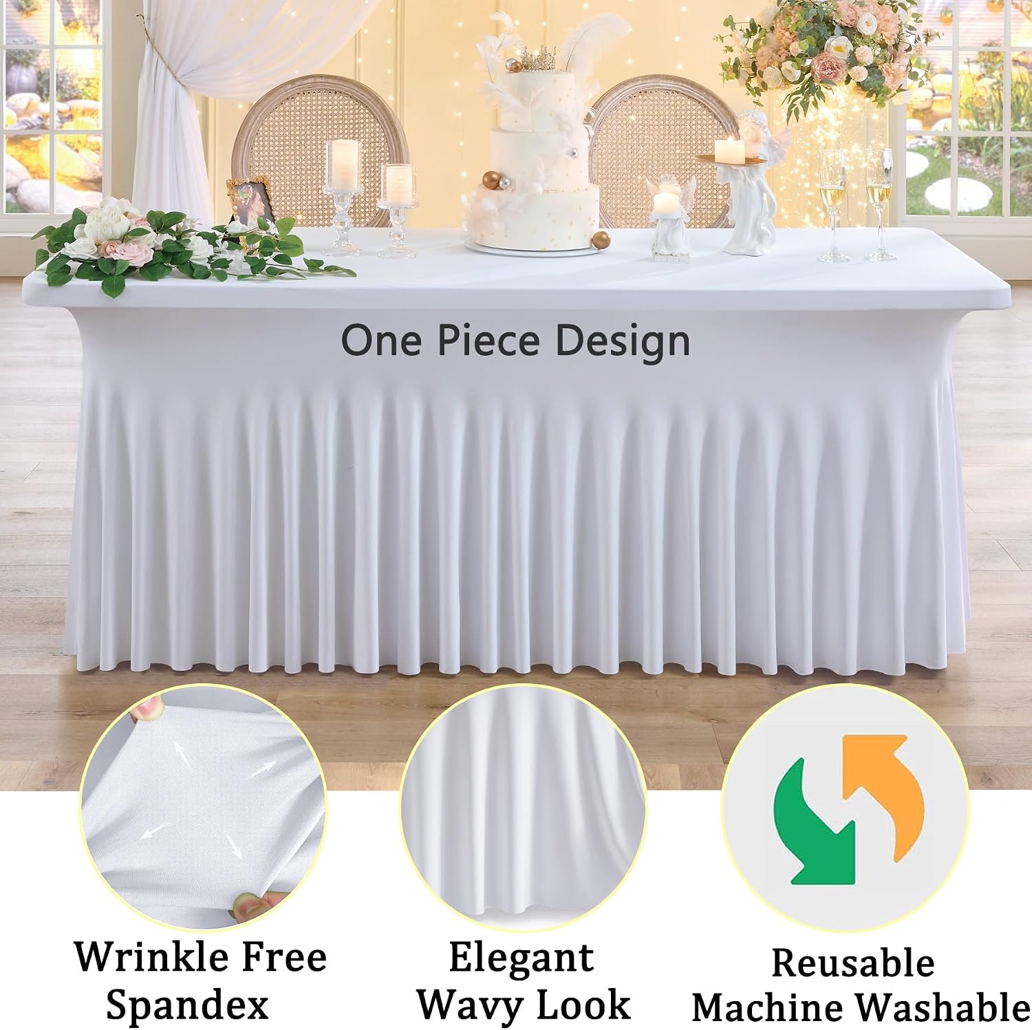 CO-AVE 12pack White Spandex Tablecloths 6ft for Rectangle Tables, Wrinkle Free Classy Table Skirt Stretchy 6 Foot Fitted Table Cloths Covers for Weddings Birthday Party Events Banquette Baby Shower
