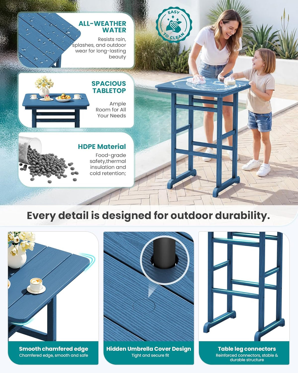 SERWALL 5-Piece Adirondack Bar Chair Set, HDPE Adirondack Barstools with Pub Table, Outdoor Patio Bar Furniture for Bistro, Balcony, Poolside, Garden - Blue