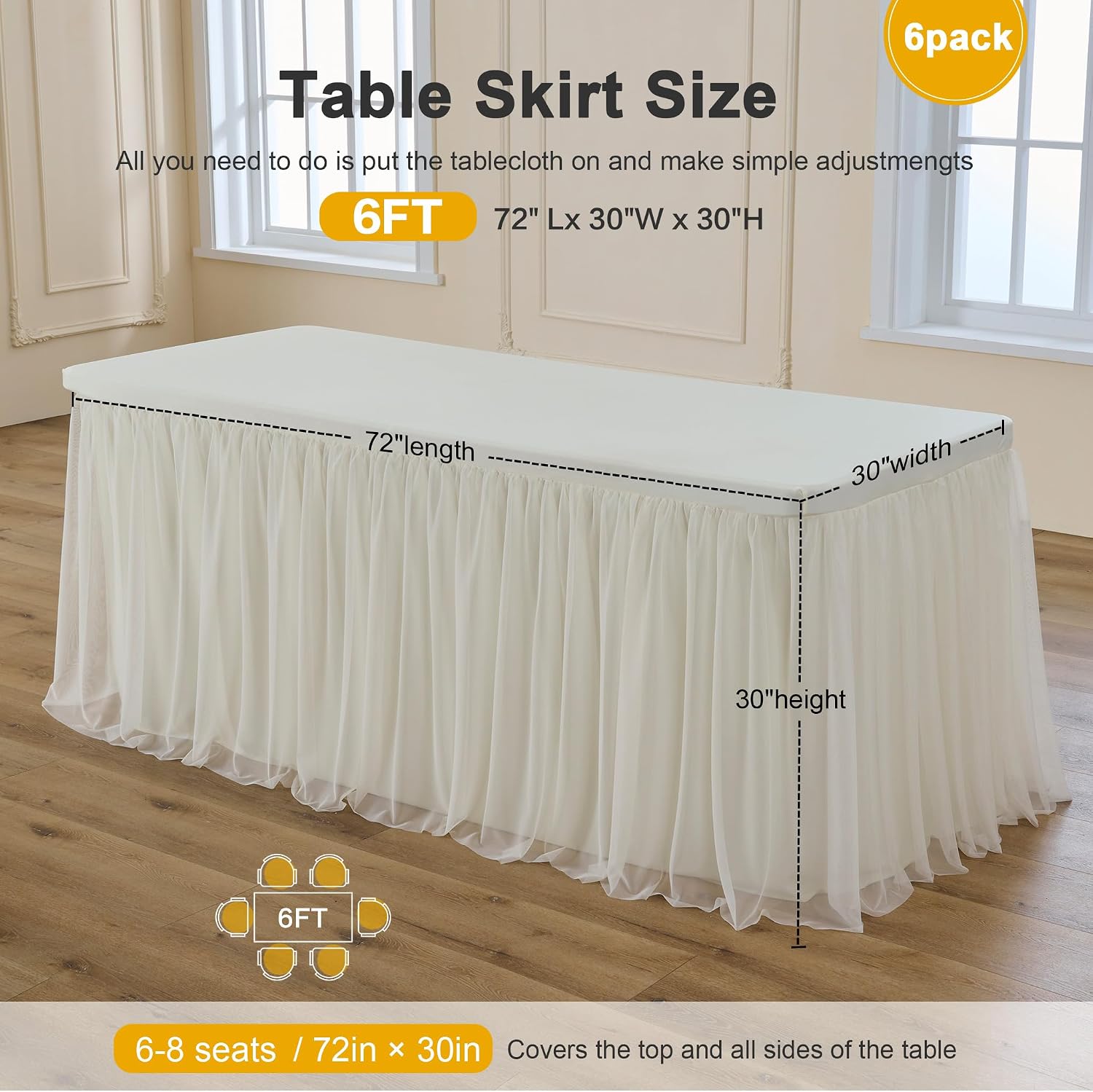 familus Ivory Table Cloths 6 Foot Rectangle 6 Pack Stretch Ruffle Tulle Tablecloth Spandex Fitted Table Cover for 6 Foot Tulle Table Skirts for Party Wedding Table Cloths, Banquets
