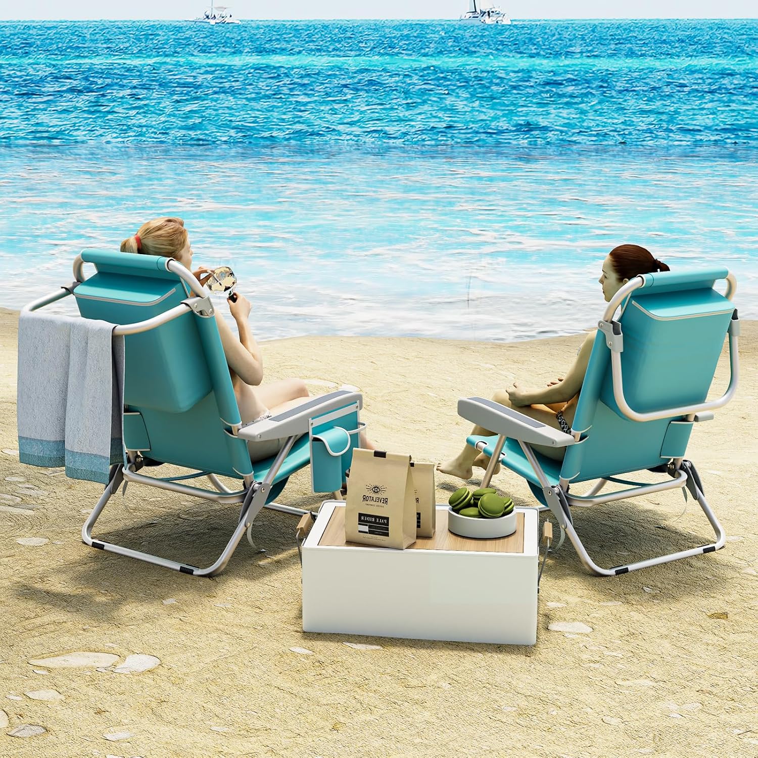 Tangkula Set of 2 Backpack Beach Chair, 5-Position Lightweight Folding Lay Flat Beach Chairs with Storage Bag, 2 Cup Holders, Towel Bar, Backpack Straps