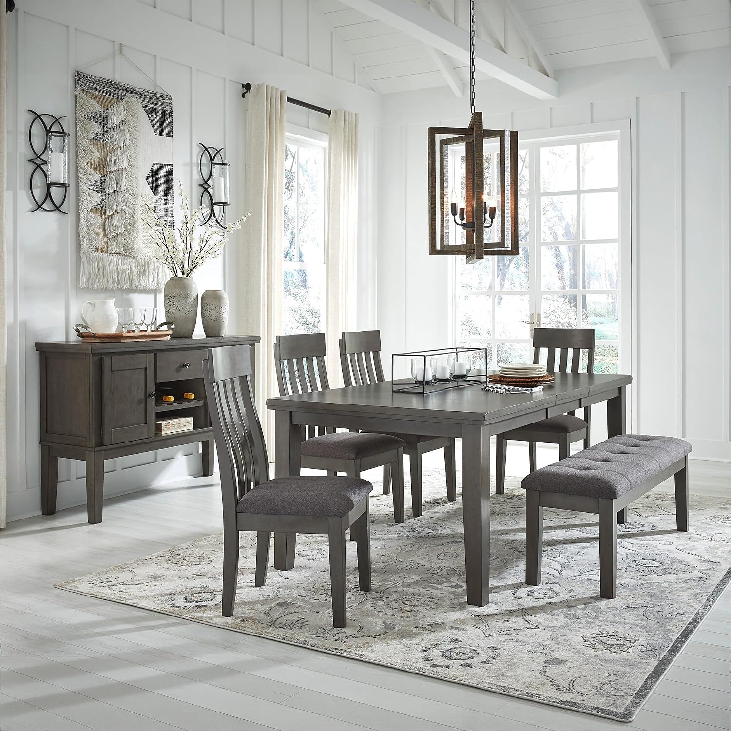 Signature Design by Ashley Hallanden Contemporary Dining Upholstered Side Chair, Set of 2, Armless, Comb Back Design, Wood Frame, Gray