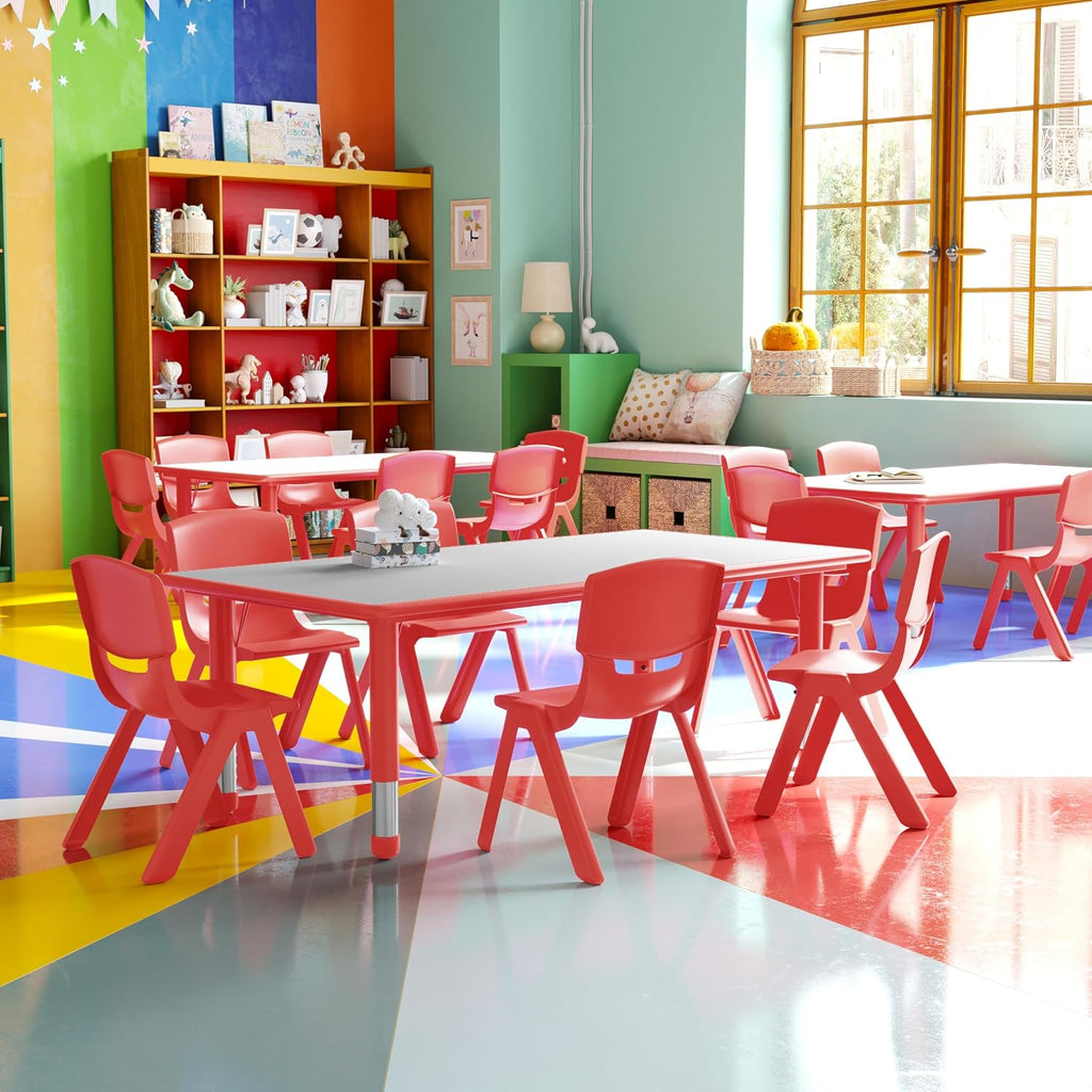 Flash Furniture Emmy Adjustable Classroom Activity Table with 6 Stackable Chairs, Rectangular Plastic Activity Table for Kids, 23.625' W x 47.25' L, Red/Gray
