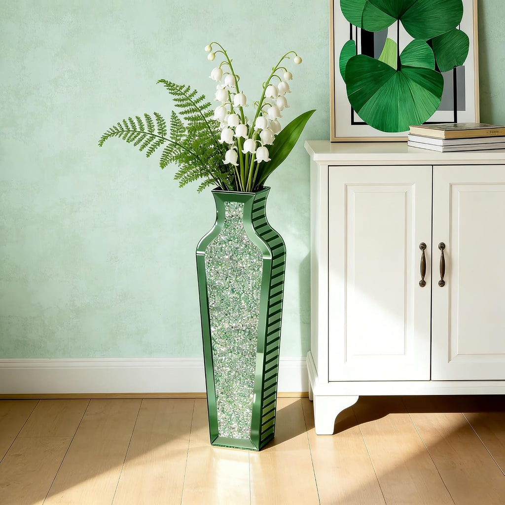 SHYFOY Green Crushed Diamond Floor Vase, Large Mirrored Tall Vases for Floor, Modern Glass Decorative Vases for Living Room Bedroom Home Corner Indoor Office, 26.8' Tall