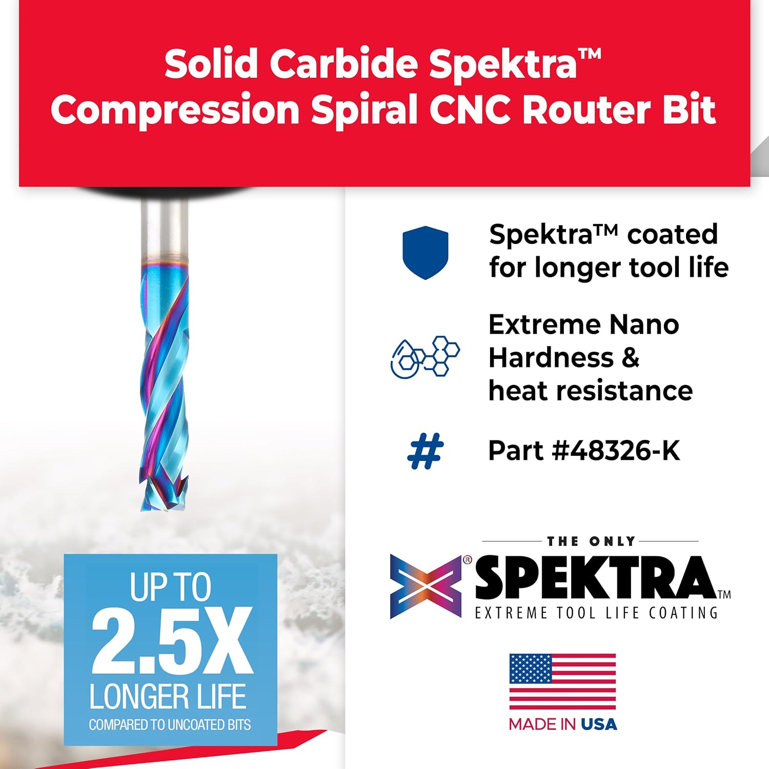 Amana Tool Spektra Extreme Tool Life Coated Solid Carbide CNC Compression Spiral Router Bit, 48326-K, 12mm D x 41mm CH x 12mm Shank x 88mm L 3 Flute