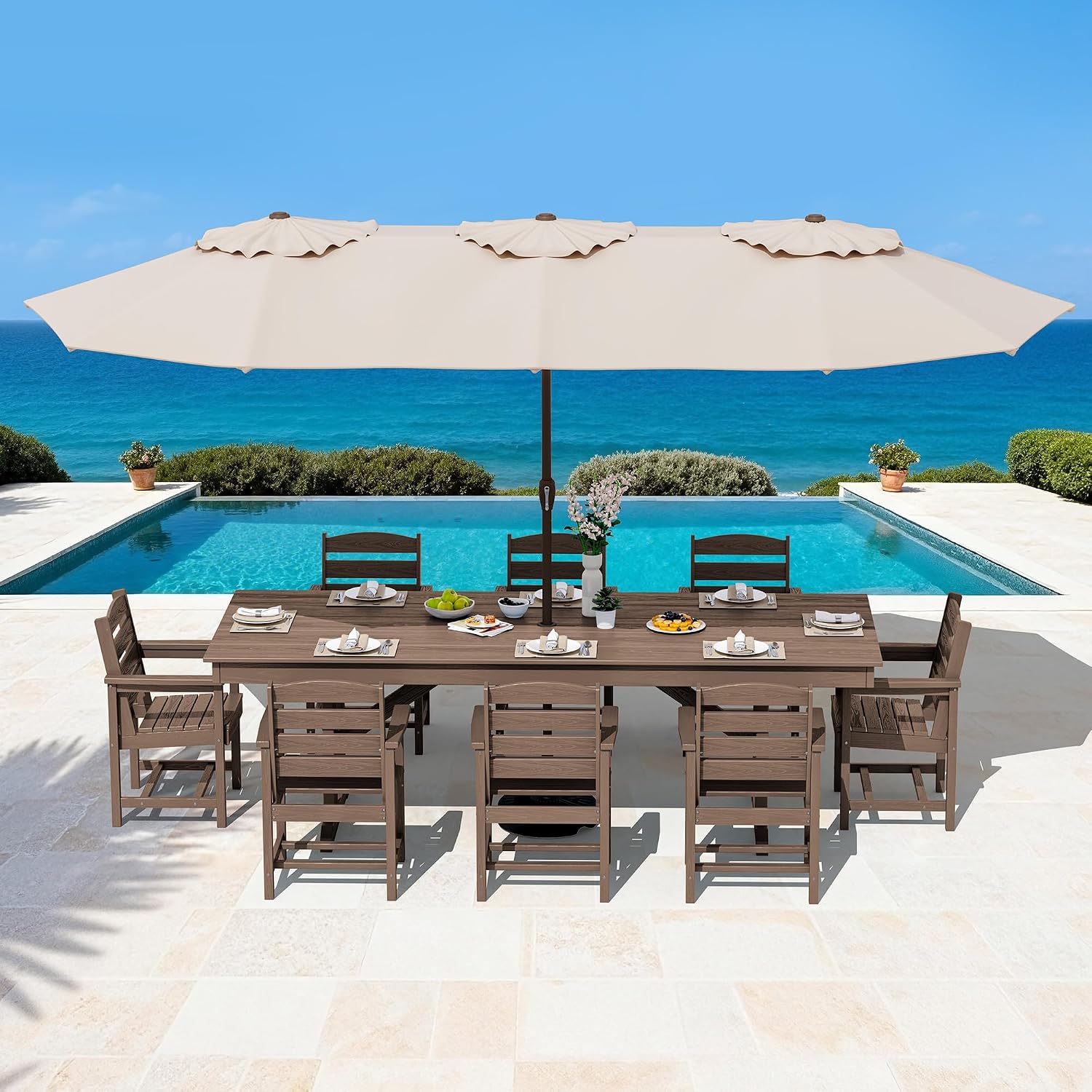 SERWALL Outdoor Dining Table, 84' Rectangular Dining Table for 6-10 Person, All Weather HDPE Patio Dining Table with Umbrella Hole for Backyard, Garden, Brown