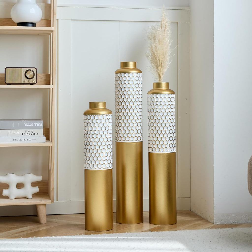 Floor Metal Vase Modern Style Decoration Home, Metal Vase 3-Piece Set for Living Room, Entryway & Office Decor, Rustproof Tall Standing Home Décor (Gold+White Hexagon)