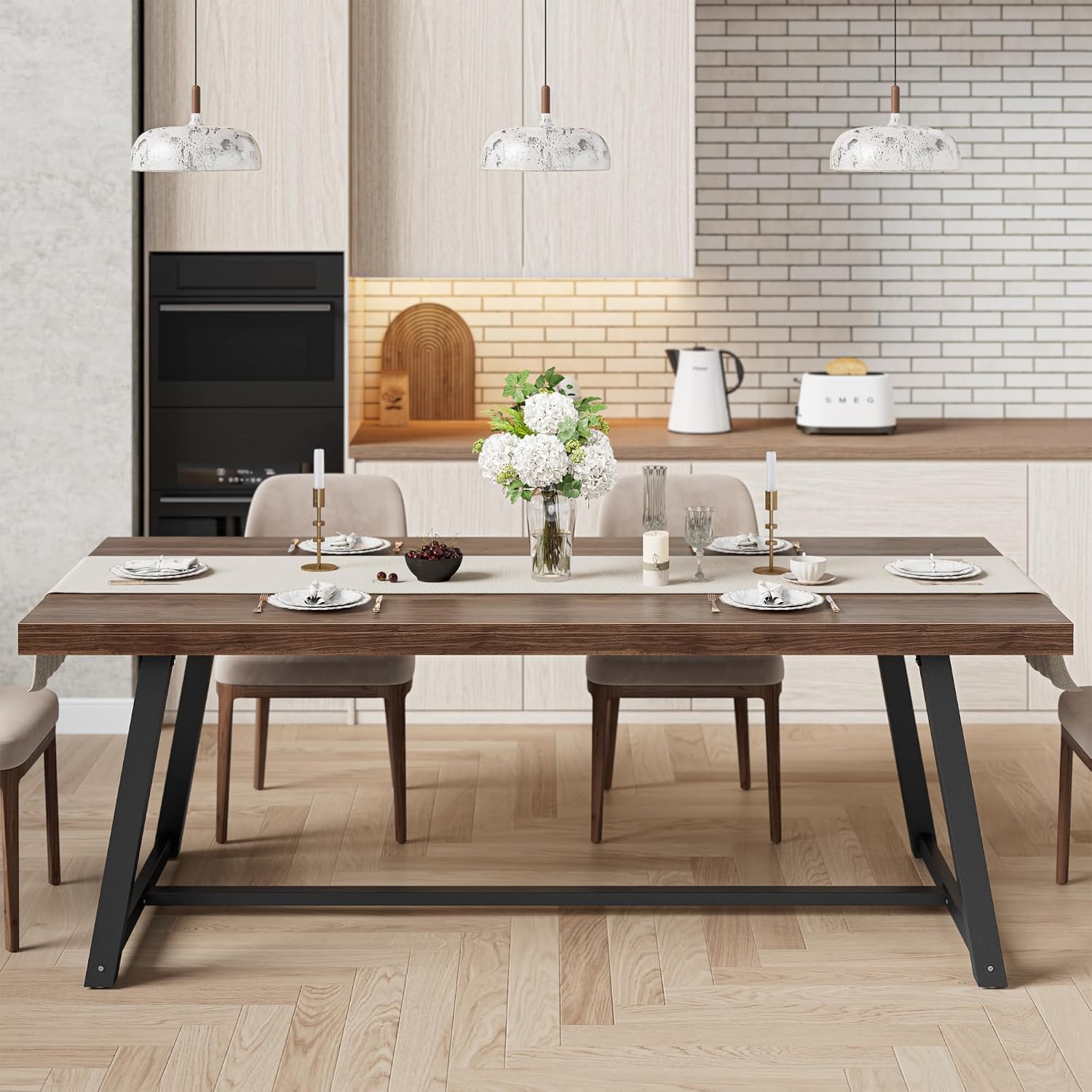 IRONCK 71' Dining Table for 6-8 People, Industrial Kitchen Table with Sturdy Metal Frame, Rectangular Brown Wood Dinner Table for Dining Room