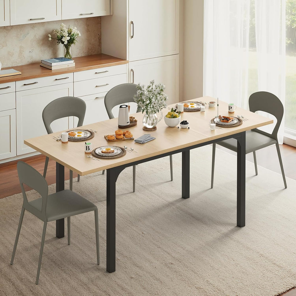 Extendable Dining Table, Rectangle Kitchen Table for 4-8 People, Modern Wooden Dinner Table with Strong Metal Legs, Space Saving Expandable Dining Room Table for Restaurant, Conference, Natural
