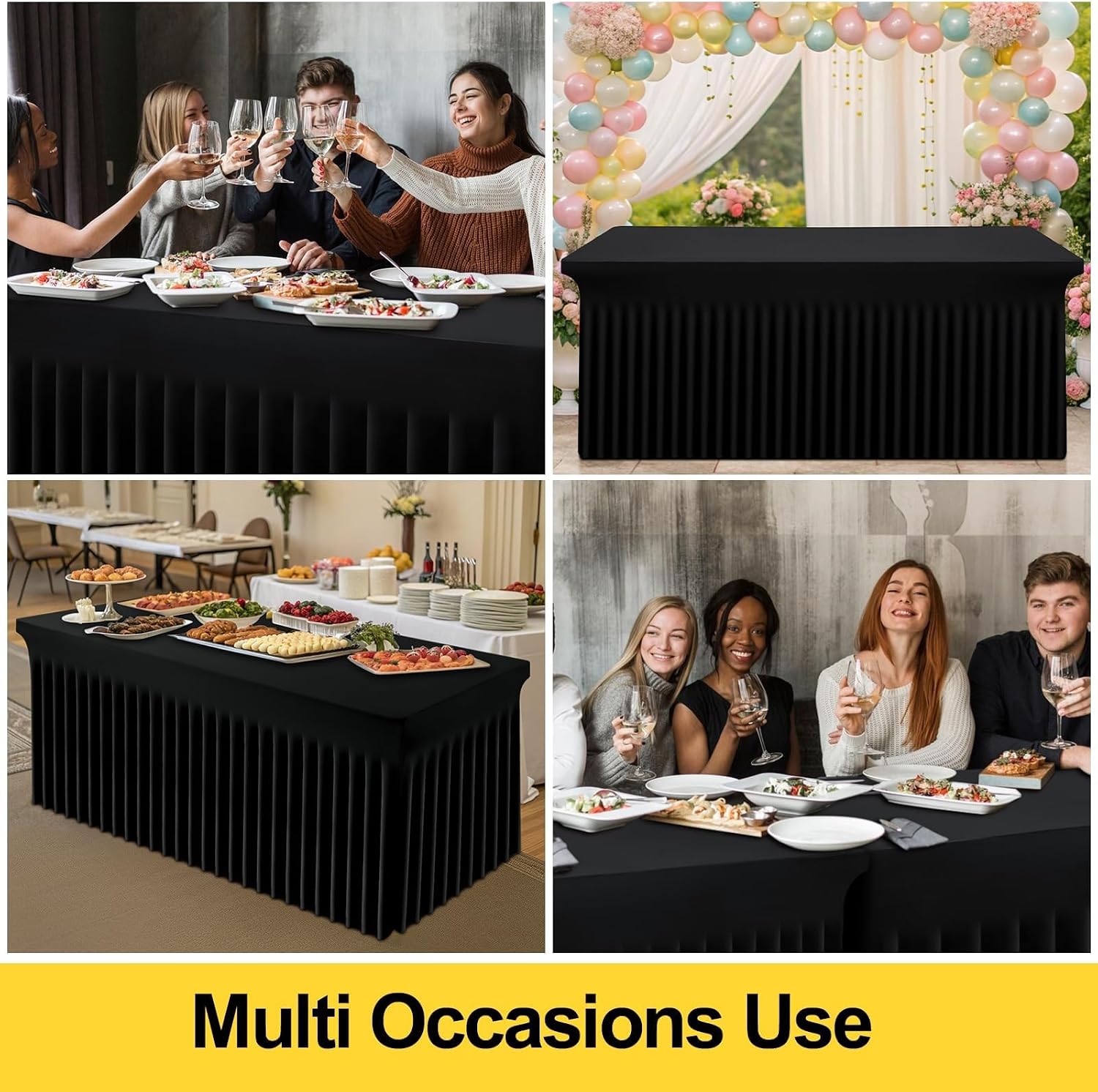 Smiry Spandex Tablecloth 4 Pack, Elastic Fitted Stretch Tablecloth for 8FT Rectangle Tables, Waterproof Washable Table Cover Skirt for Wedding, Banquet & Parties (Black, 96Lx30Wx30H Inch)