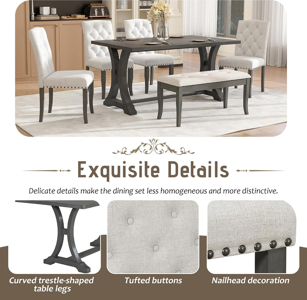 Harper & Bright Designs Classic and Traditional Style 6 - Piece Dining Set, Includes Dining Table, 4 Upholstered Chairs & Bench(Antique Gray1)