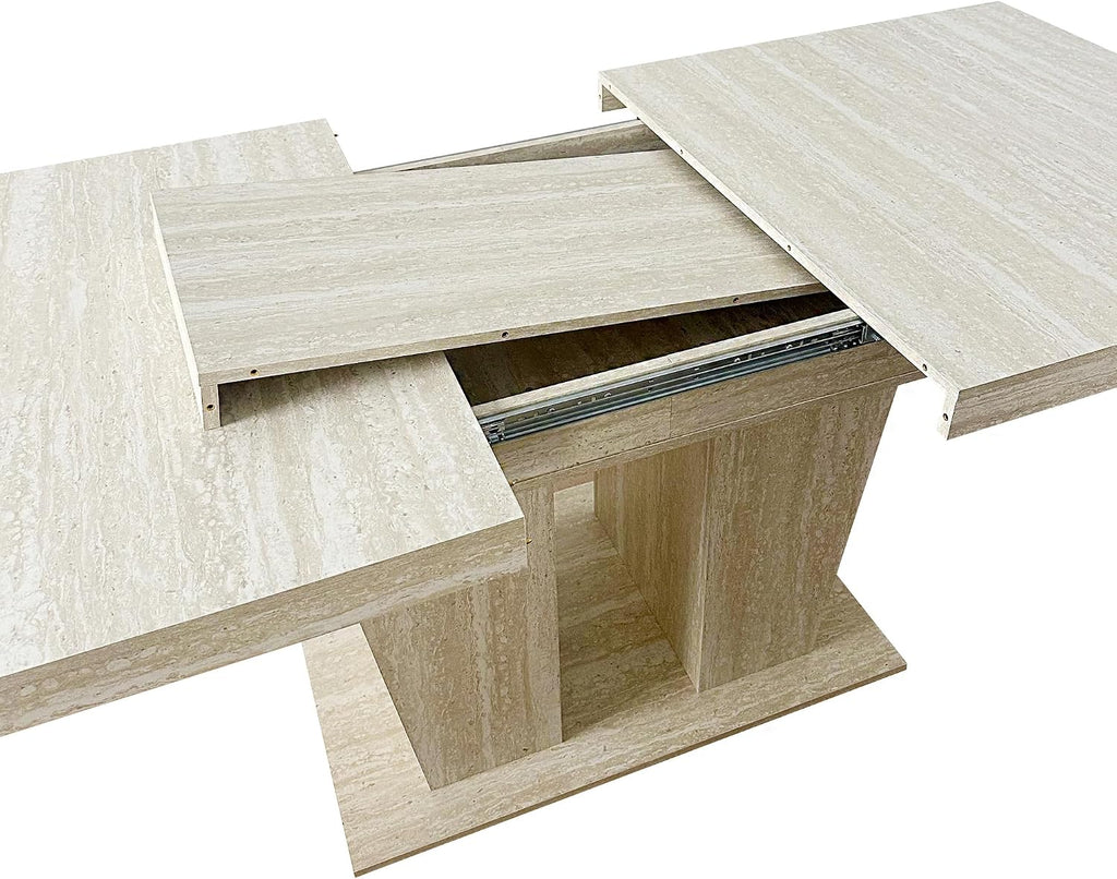 Henf 7 Pieces Extendable Dining Table Set for 6, 63'-79' Faux Mars Kitchen Table Set with 6 Beige Chairs, Faux Marble Expandable Dining Room Tables Set for 6,Modern Dinner Tables Set for 6