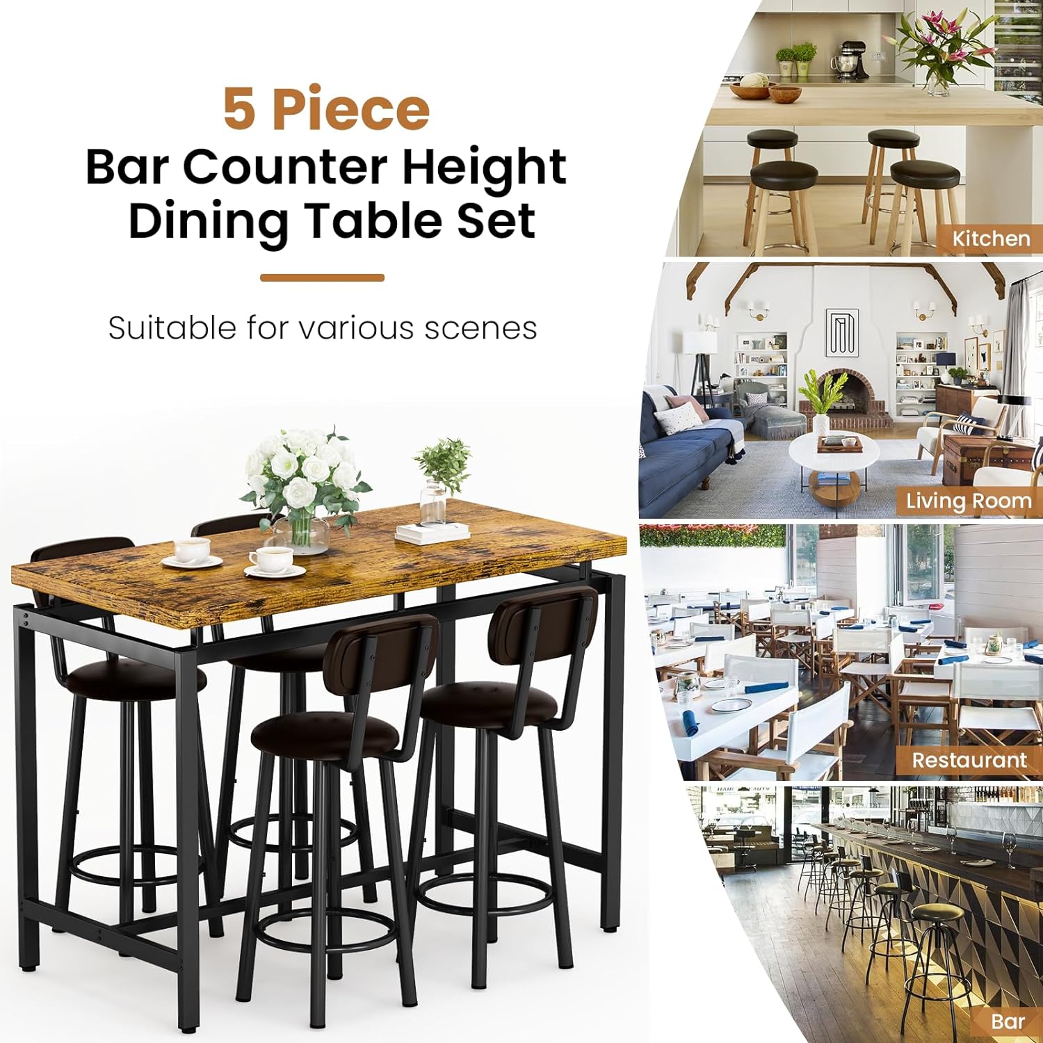 Recaceik Bar Table Set for 4 Bar Table and Chairs Set, Industrial Dinner Table with 4 PU Leather Upholstered Backrest Stool, Counter Height Pub Dining Room Table Set for Apartment Small Spaces
