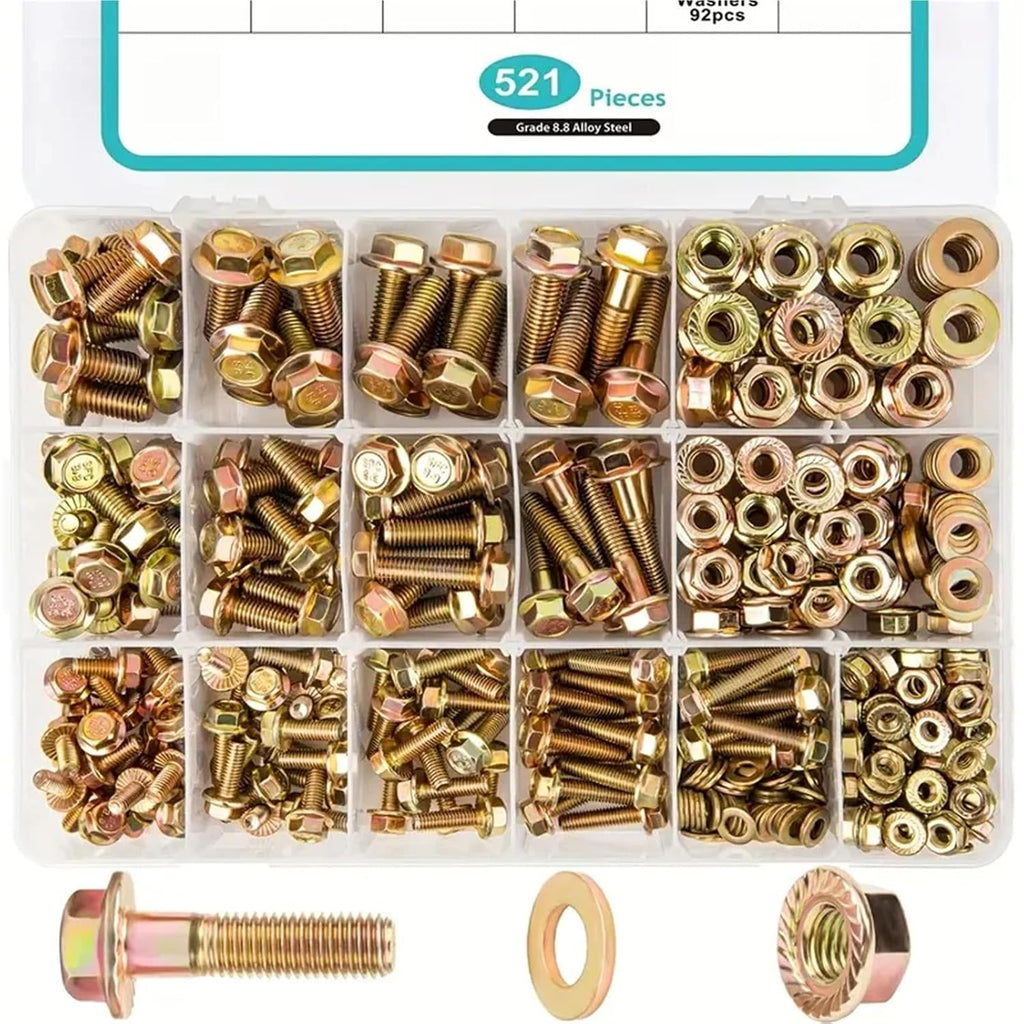 Nut & Bolt Sets 521pcs Grade 8. Hex Serrated Steel Flange Bolt and Nut Kit