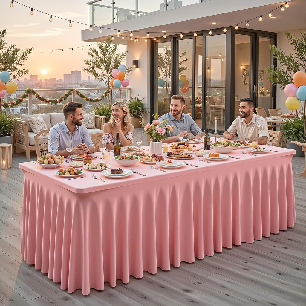 6 Packs Dusty Rose Table Clothes for 6 Foot Rectangle Tables, One-Piece Wrinkle Resistant Stretch Spandex Table Covers with Skirt for Event Banquet Wedding Birthday Party