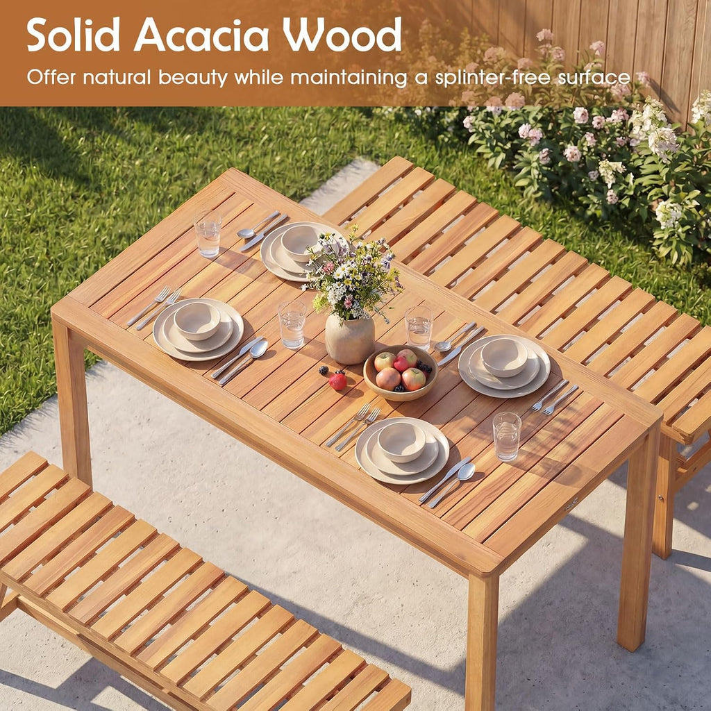 Tangkula Outdoor Acacia Wood Dining Table for 4-6, Rectangular Patio Table with Slatted Tabletop, Outside Dinner Table for Garden, Balcony, Deck and Backyard
