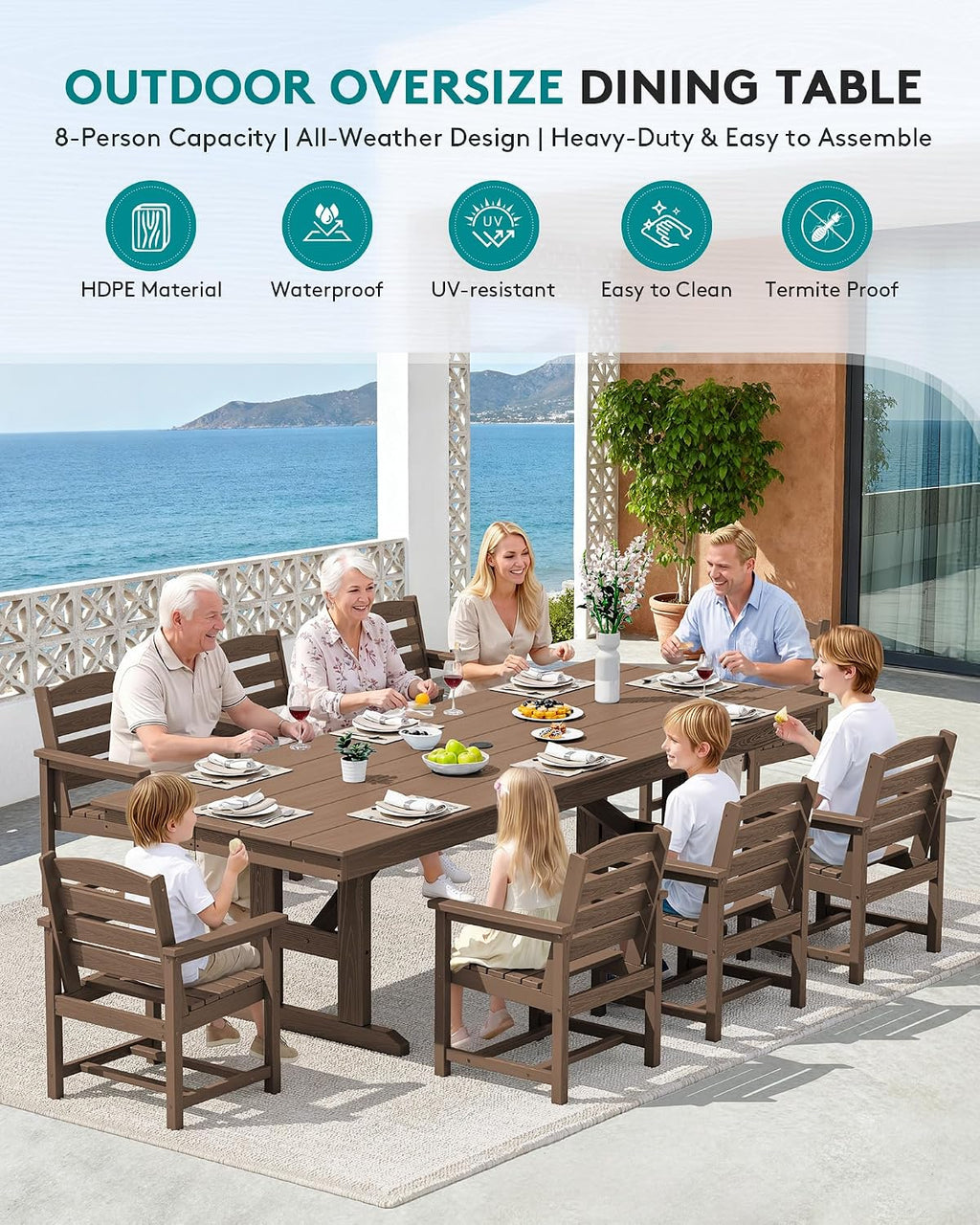 SERWALL Outdoor Dining Table, 84' Rectangular Dining Table for 6-10 Person, All Weather HDPE Patio Dining Table with Umbrella Hole for Backyard, Garden, Brown