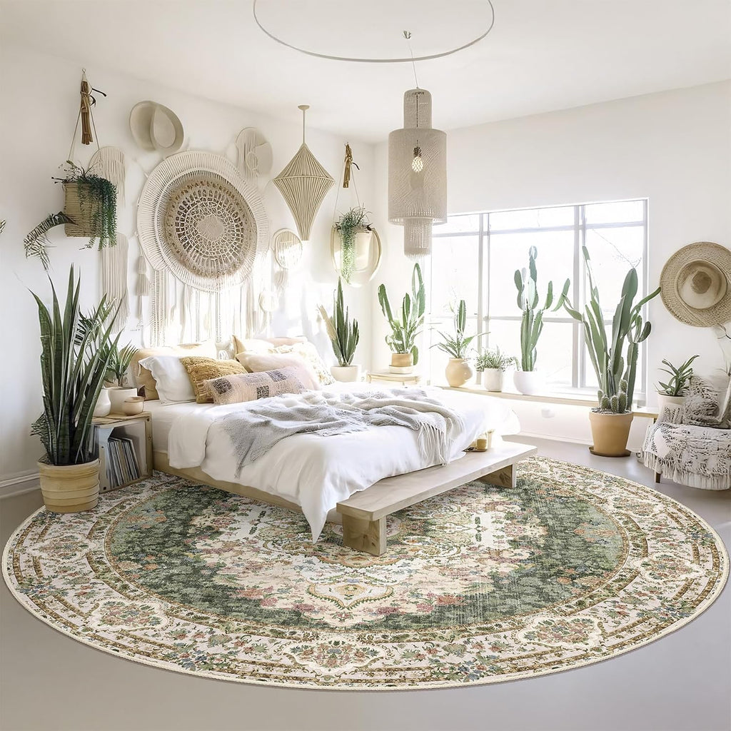 Green Round Rug 9ft, Large Circle Area Rug for Bedroom Living Room Dining Room, Washable Boho Vintage Bohemian Distressed Oriental Carpet Non Slip, Sage Floral 9'x9'