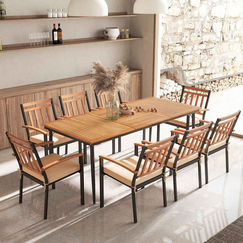 HAPPYGRILL Outdoor Dining Table for 6-8 People, Rectangular Eating Table with 2 inch Umbrella Hole, Sturdy Metal Legs, Patio Acacia Wood Dining Table, Perfect for Porch, Backyard, Garden