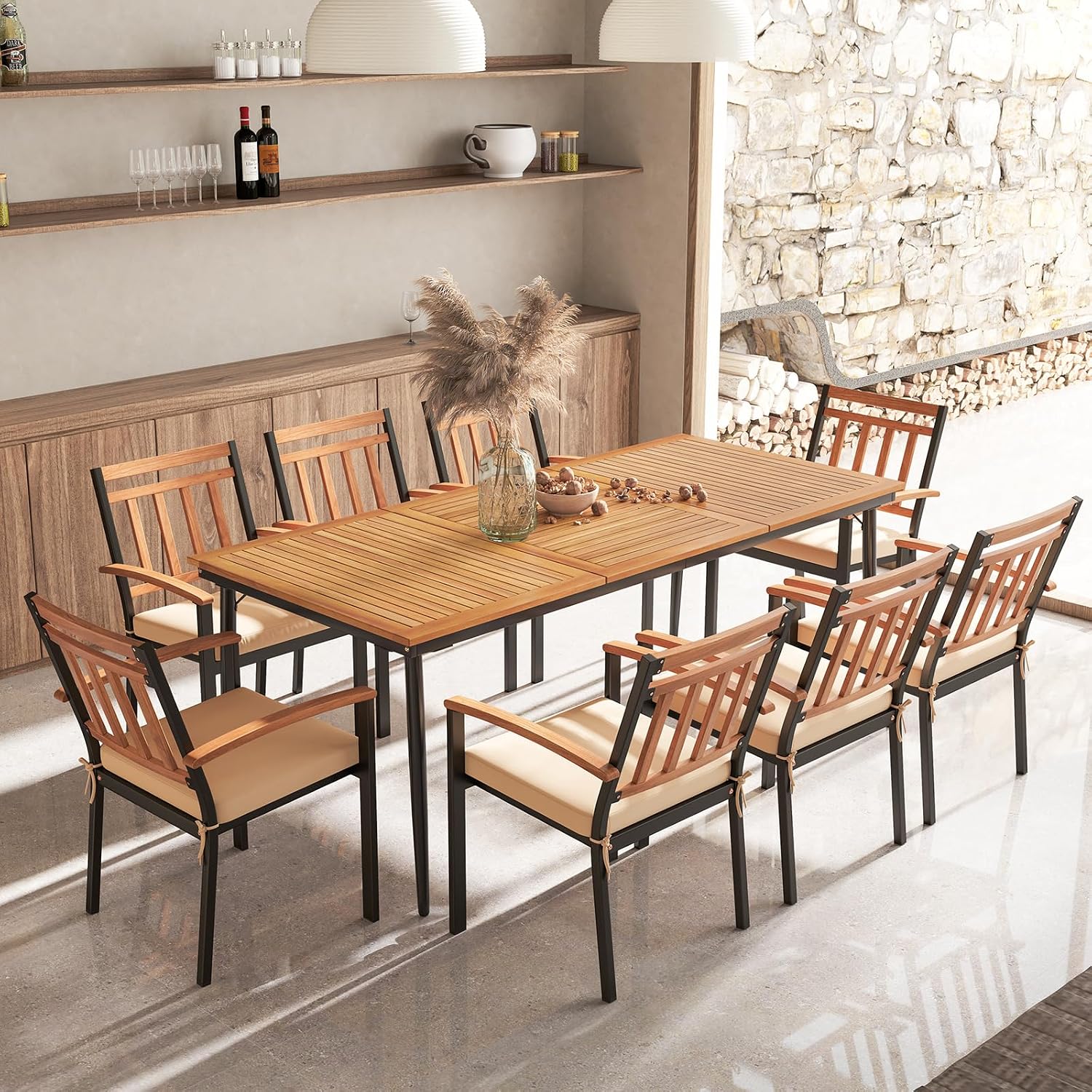 HAPPYGRILL Outdoor Dining Table for 6-8 People, Rectangular Eating Table with 2 inch Umbrella Hole, Sturdy Metal Legs, Patio Acacia Wood Dining Table, Perfect for Porch, Backyard, Garden
