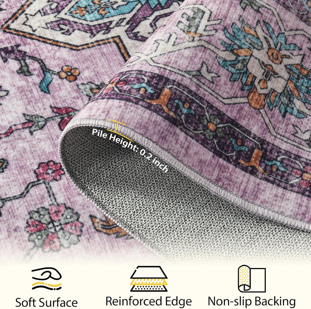 Softlife Washable Area Rug for Living Room, 8x10 Purple Large Boho Accent Rugs for Bedroom Bathroom Kitchen Under Dinning Table, Neutral Non-Slip Carpet for Nursery Kids Laundry Dorm Home Decor