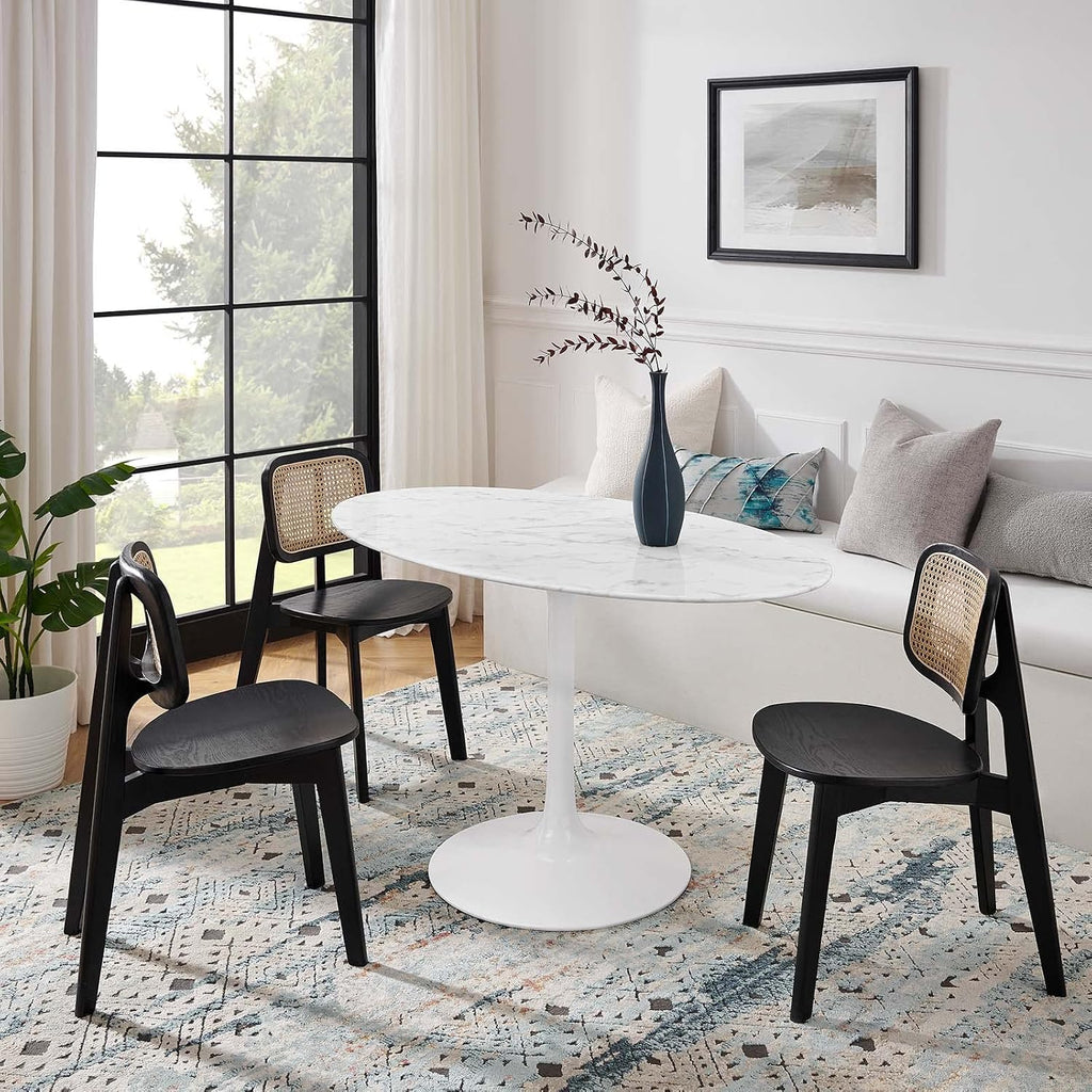 Modway Lippa 54' Oval-Shaped Mid-Century Modern Dining Table with Artificial Marble Top and White Base