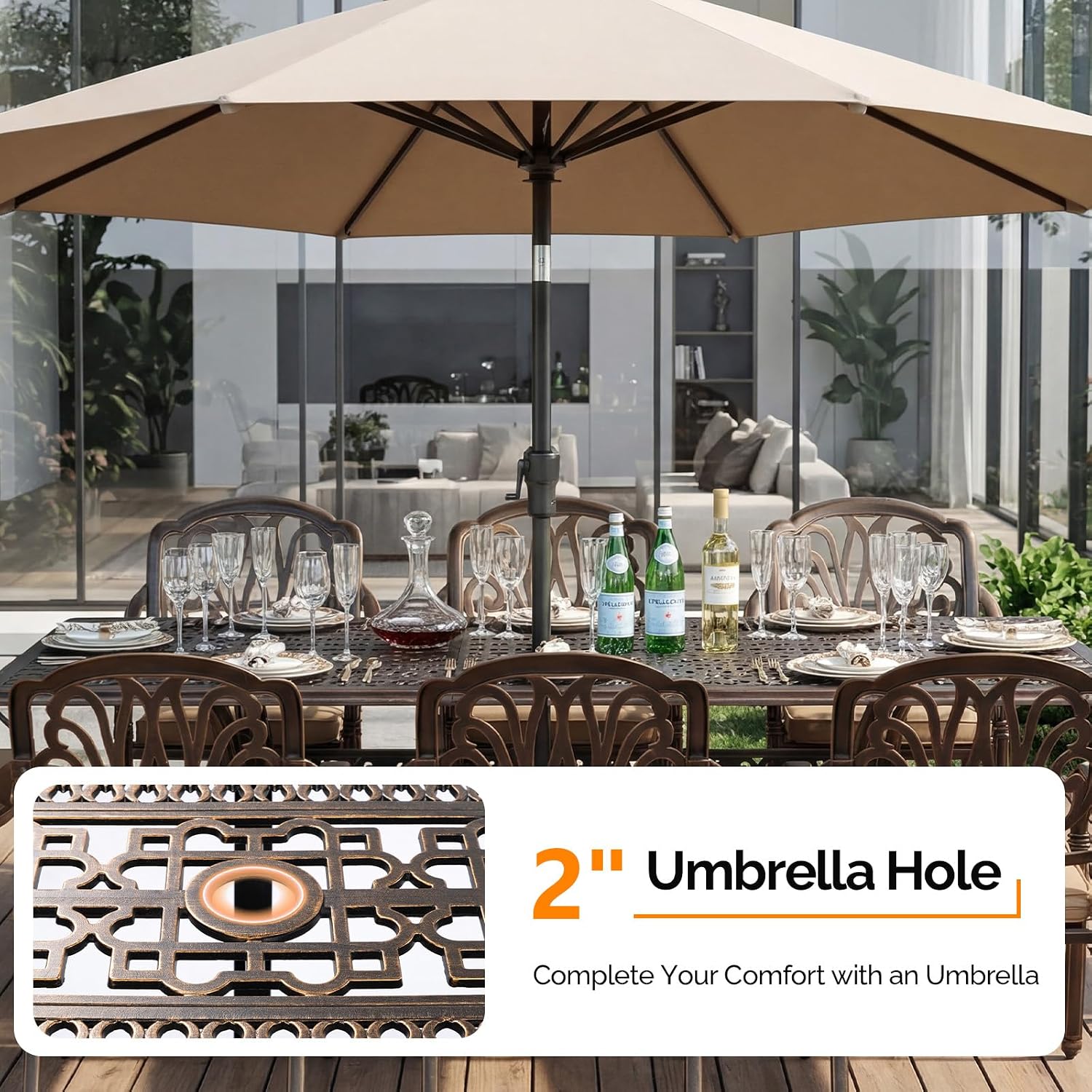 VINGLI 9 Pieces Outdoor Dining Set, Cast Aluminium All-Weather Patio Dining Set for 8 with Umbrella Hole, Outdoor Dining Table and Chairs with Cushion for Yard, Garden, Porch and Poolside, Bronze