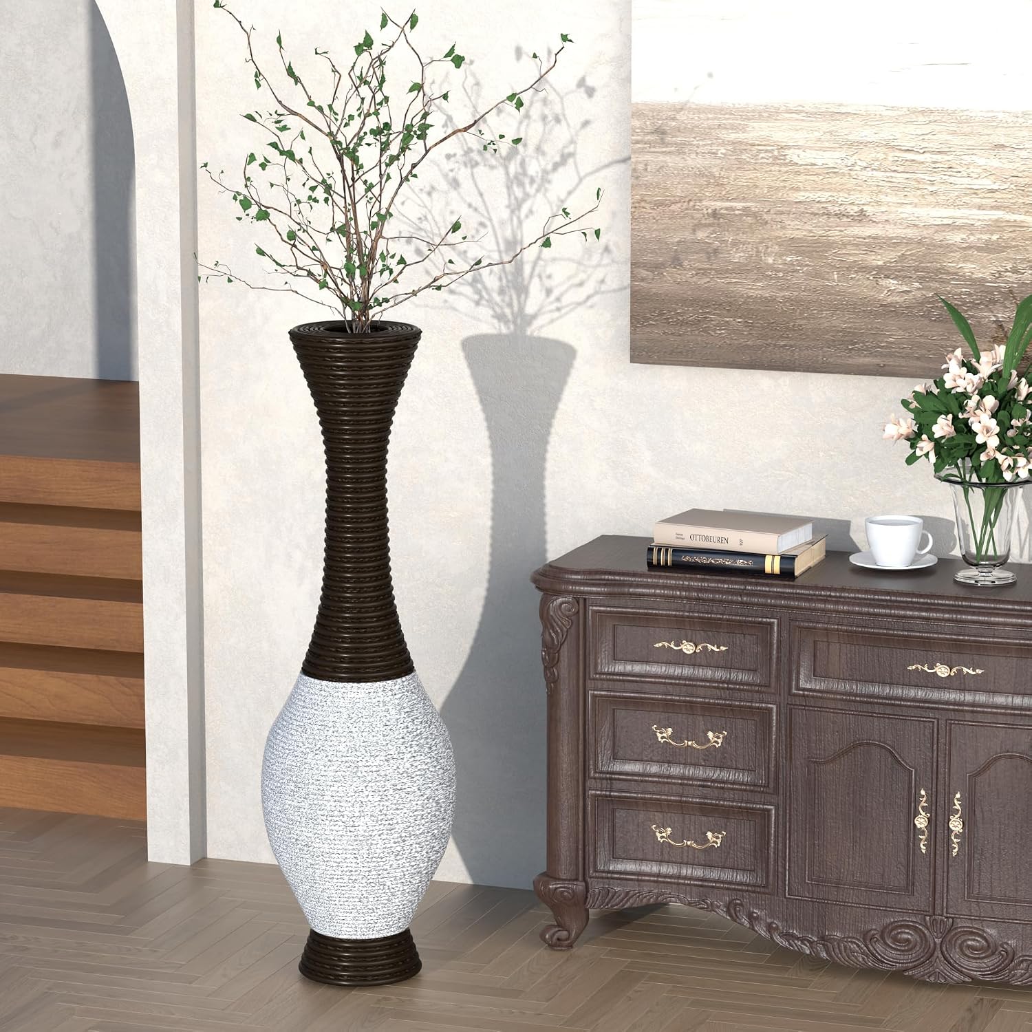 40' Tall Large Rattan Standing Floor Vase Modern Decorative Accent Flower Holder Floor Vase for Living Room Entryway Dining Room Stylish Home Décor Statement Piece (White+Brown)