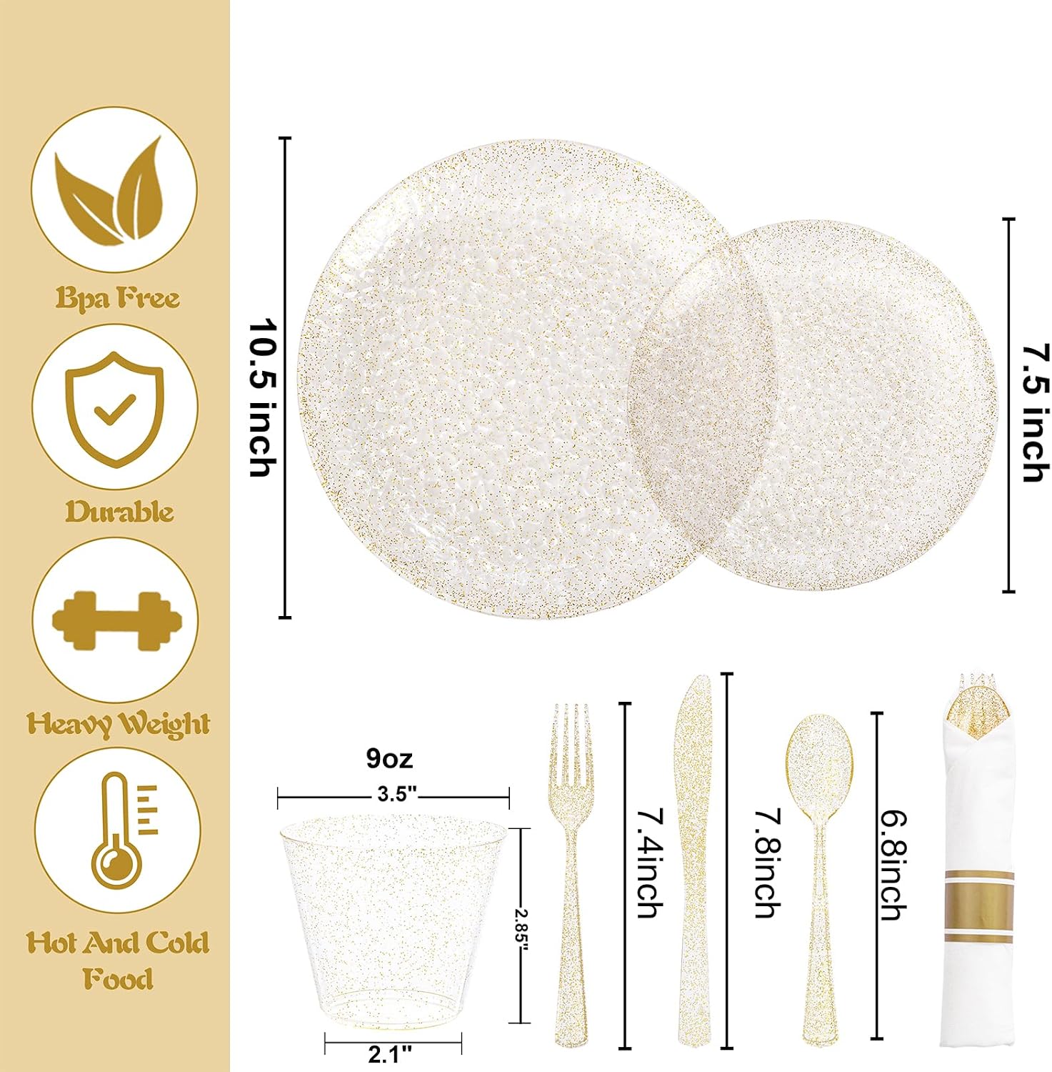 Rubtlamp 700Pcs Gold Glitter Plastic Dinnerware Set, Hammered Clear Plates, Fancy Plastic Plates Include 100 Dinner Platos, 100 Salad Platos, 100 Cups,100 Pack Pre Rolled Glitter plastic Silverware