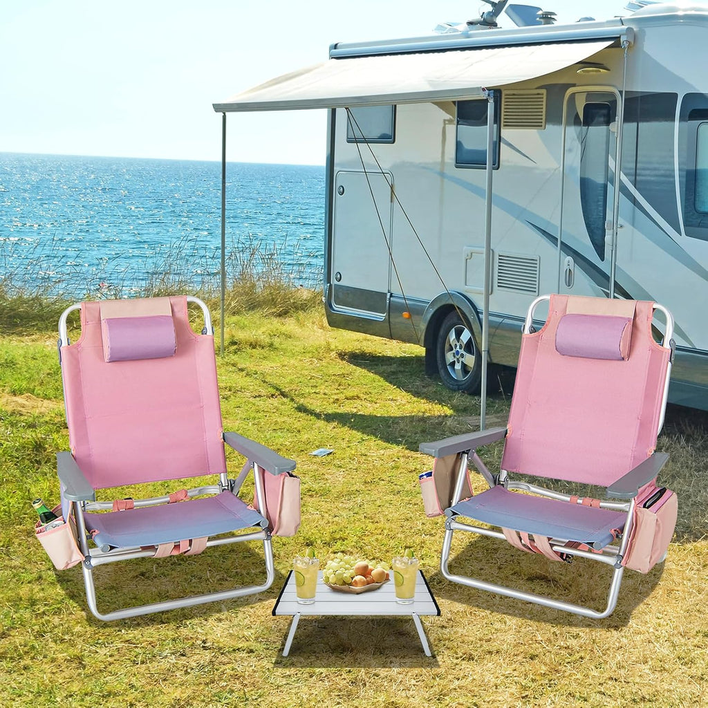 Tangkula Backpack Beach Chair with Table, 5-Position Lay Flat Chairs with Cooler Bag, 2 Cup Holders, Towel Bar, Lightweight Low Folding Chair with Backpack Straps, Pink