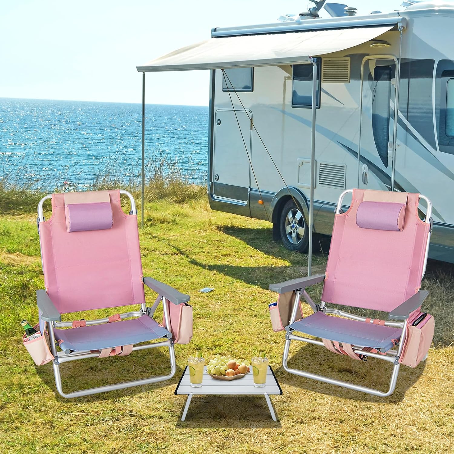 Tangkula Backpack Beach Chair with Table, 5-Position Lay Flat Chairs with Cooler Bag, 2 Cup Holders, Towel Bar, Lightweight Low Folding Chair with Backpack Straps, Pink