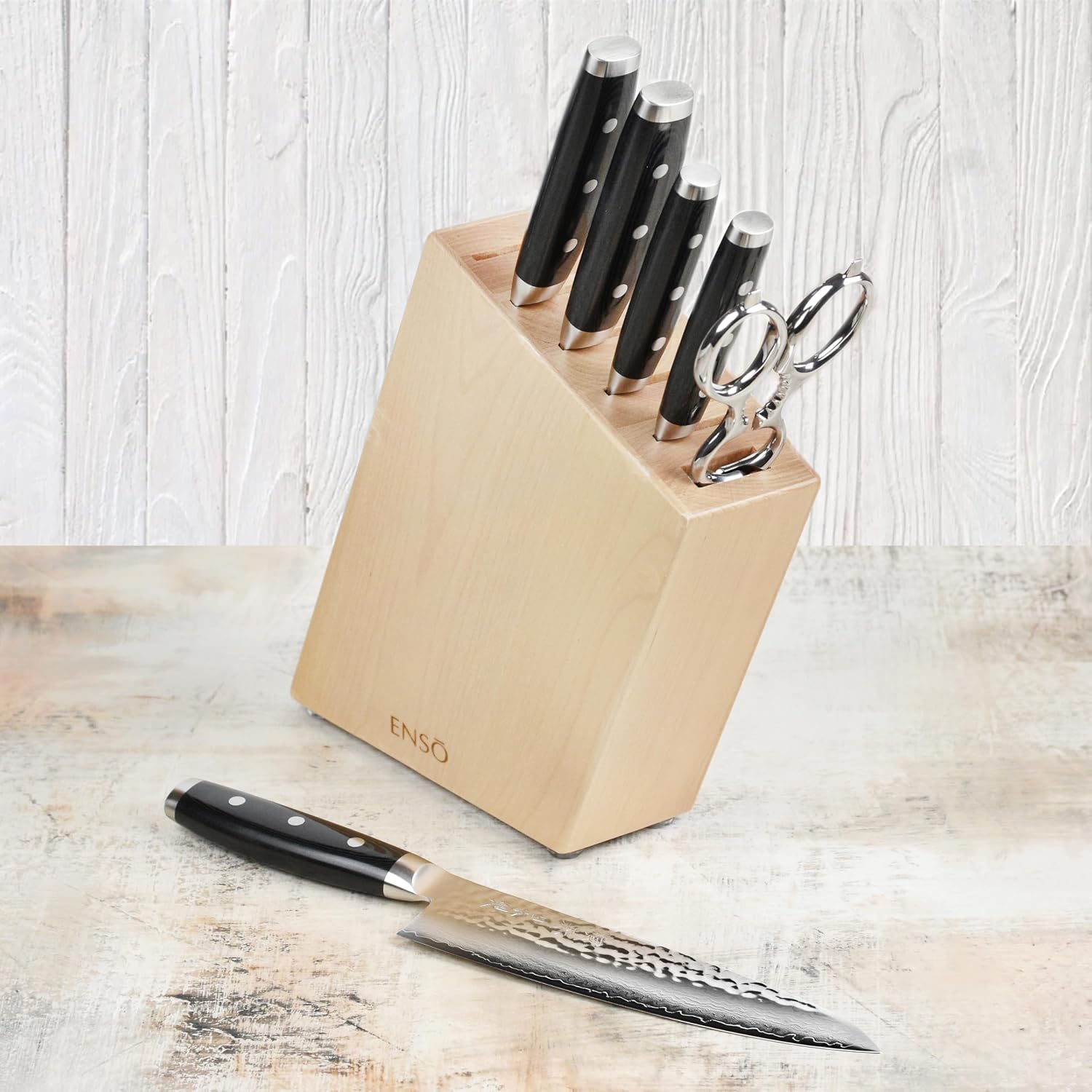 Enso Knife Set - Made in Japan - HD Series - VG10 Hammered Damascus Japanese Stainless Steel with Birch Knife Block - 7 Piece