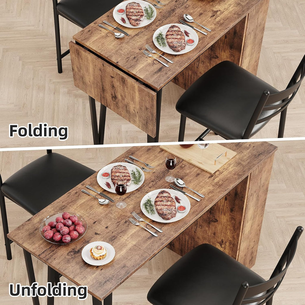 Garvee Bar Table and Chairs Set, 3 Piece Bar Table Set with with Flip Top Extension and Storage Shelves, Dining Table Set for 2, Suitable for Small Space Kitchen Apartment, Brown